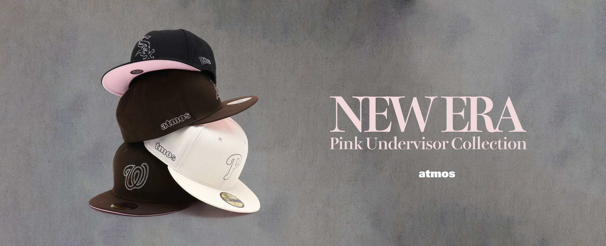 "NEW ERA x MLB x atmos Pink Undervisor Collection | 印象的なピンクのアンダーバイザーとステッチロゴがキャッチーな別注コレクション。"