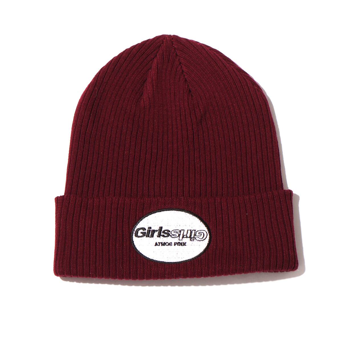 Girls2 × atmos pink ワッペンロゴニット帽 BURGUNDYの画像
