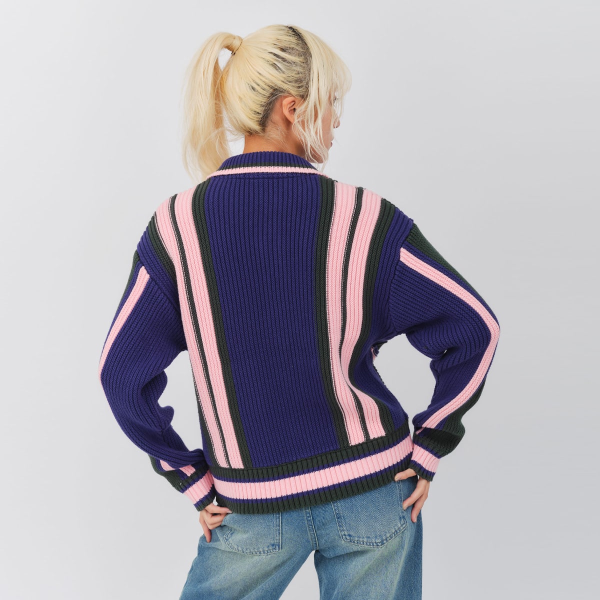 atmos pink Stripe Knit Cardigan NAVYの画像