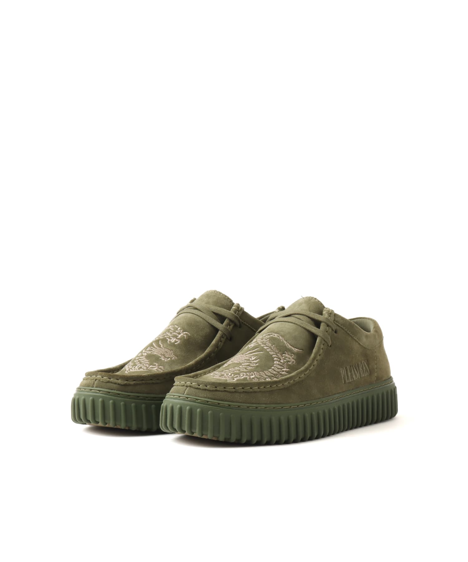 Clarks x PLEASURES TORHILL DRGN LO Olive Suedeの画像