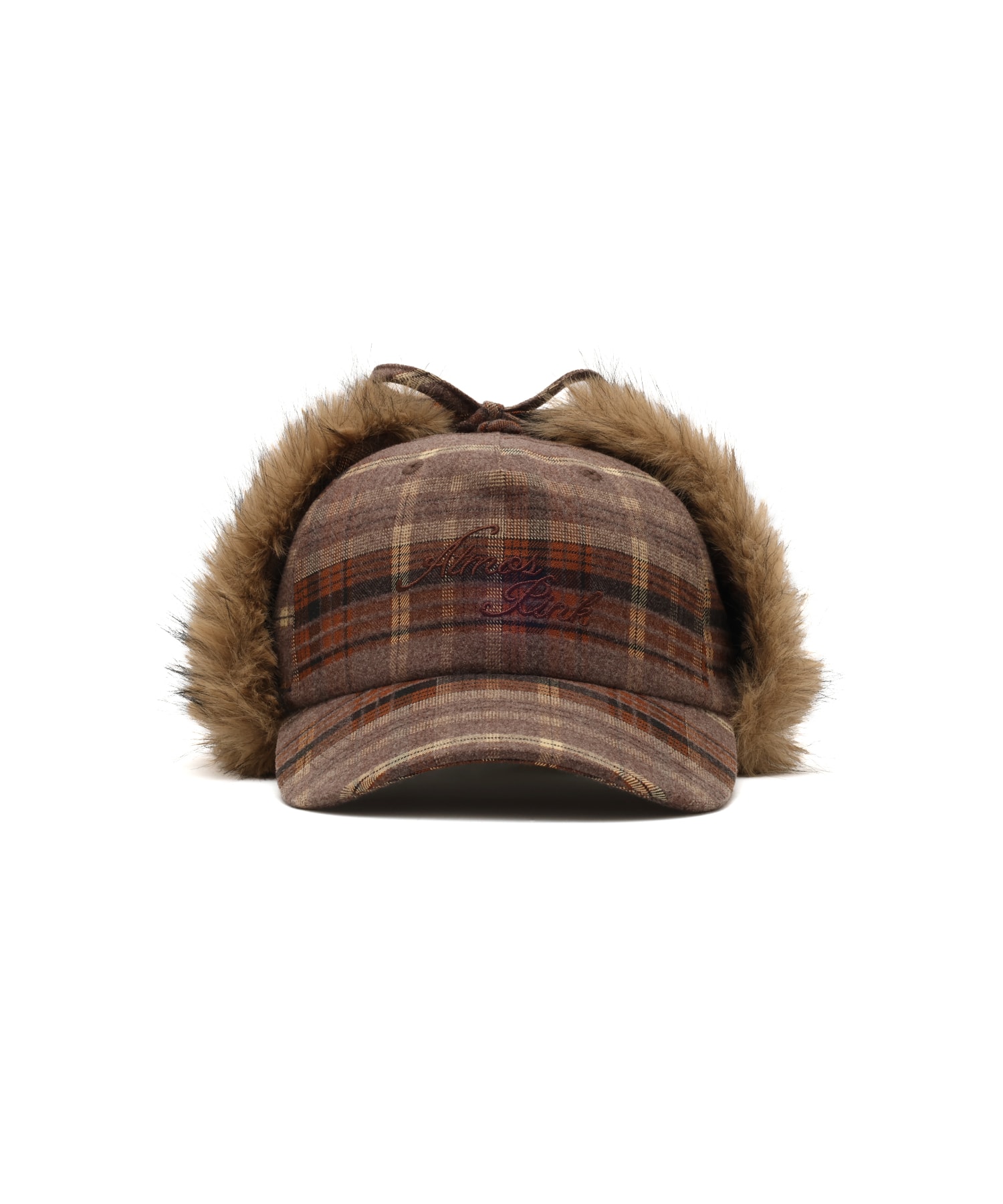 atmos pink Check Pattern Faux Fur Cap BROWNの画像