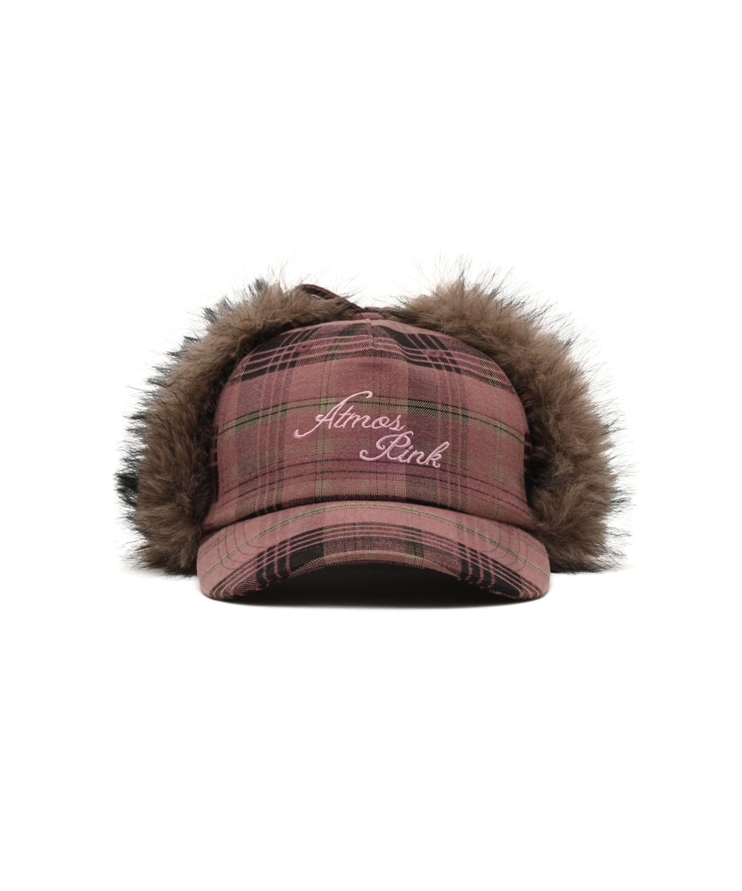 atmos pink Check Pattern Faux Fur Cap PINKの画像