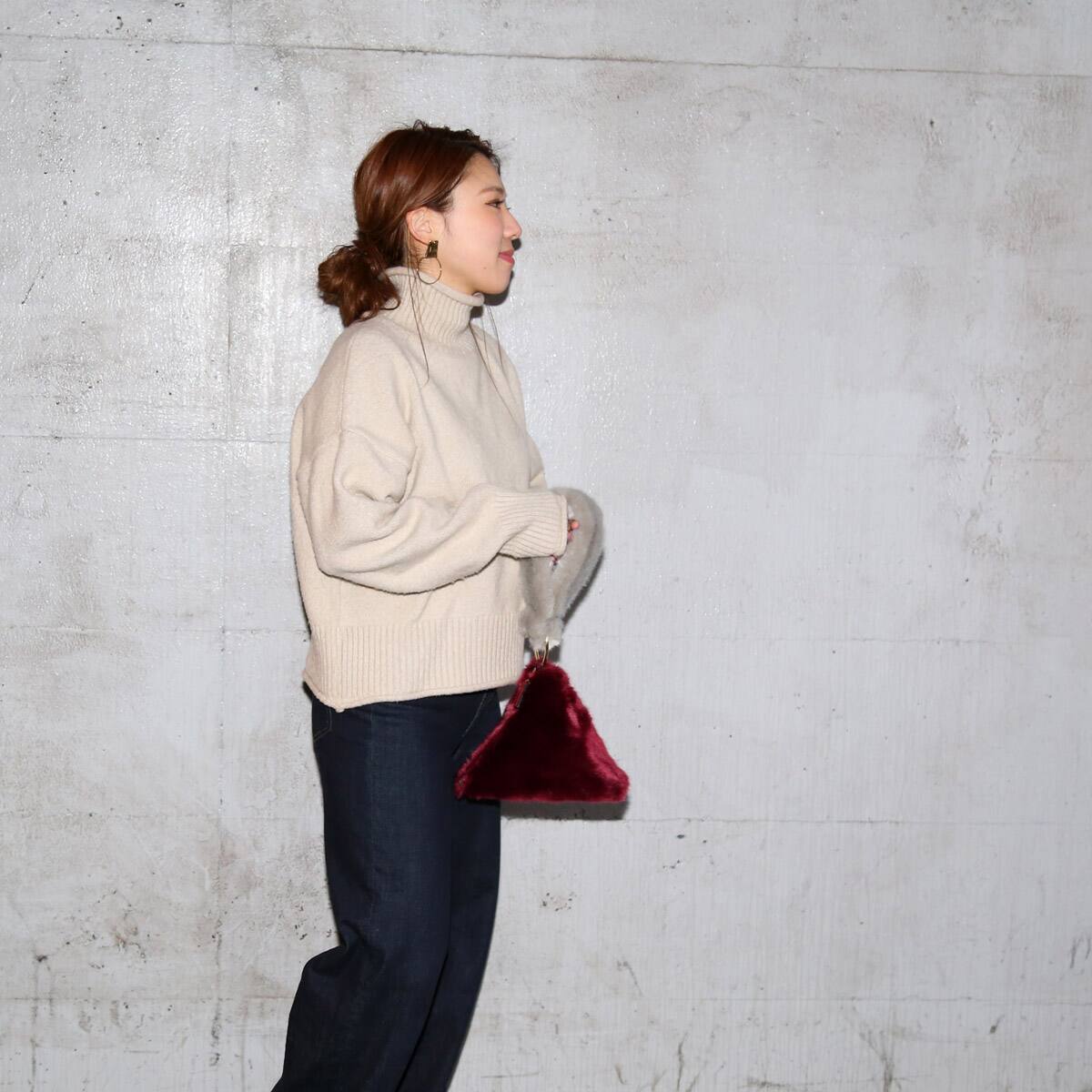 Fone フェイクファー配色 クラッチバッグ  GRAY×BURGUNDY 17FA-Iの画像