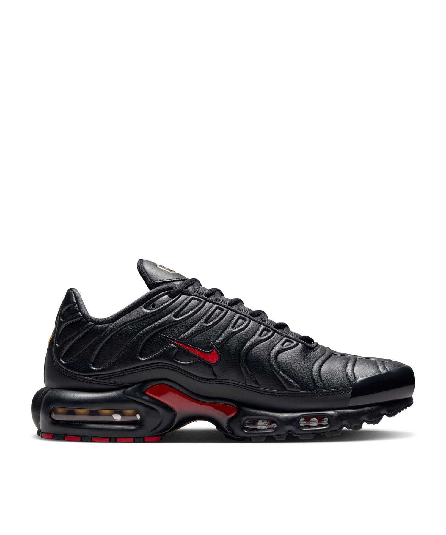 NIKE AIR MAX PLUS PRM BLACK/UNIVERSITY RED-BLACK-METALLIC GOLD の画像