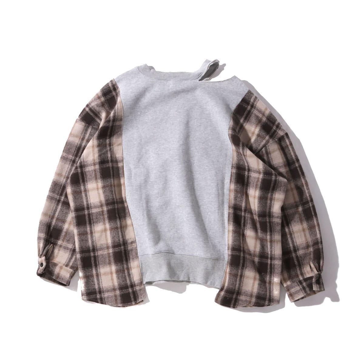 atmos pink 袖チェックダメージネックトップス TX GRYの画像
