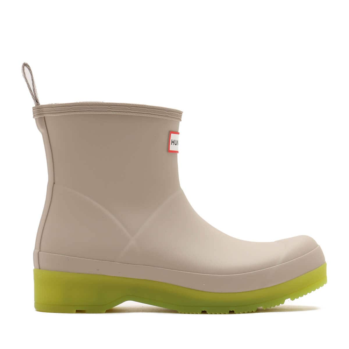 HUNTER WOMENS PLAY SHORT TRANSLUCENT SOLE BOOT Skimming Stone/Acid Green