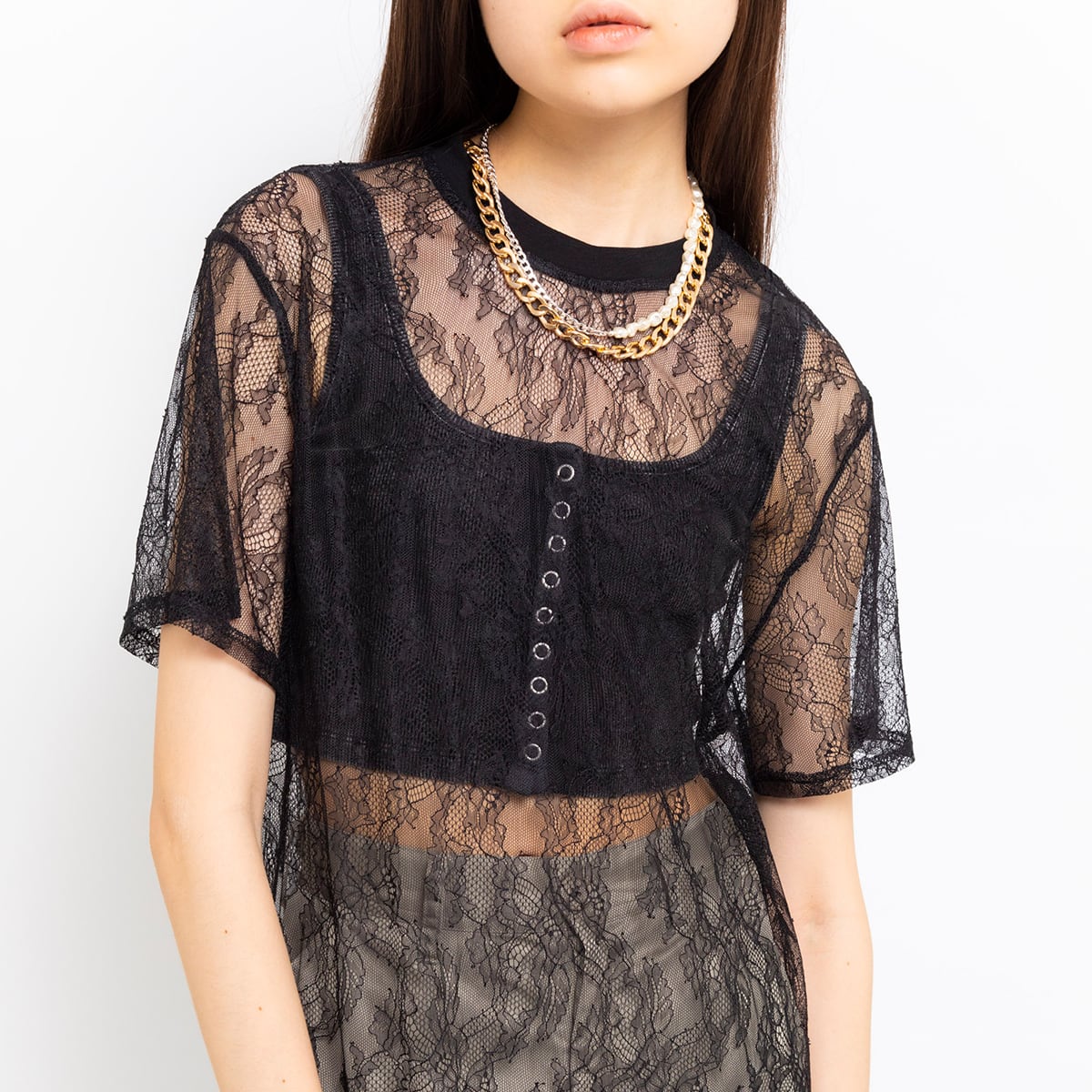 ANNA SUI NYC ボタニカルモチーフ レース ロングドレス BLACKの画像