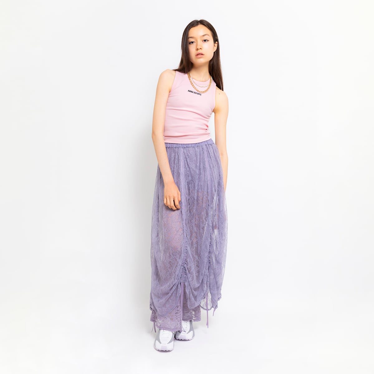 ANNA SUI NYC ボタニカルモチーフ レース ドロスト ドレープスカート PURPLEの画像