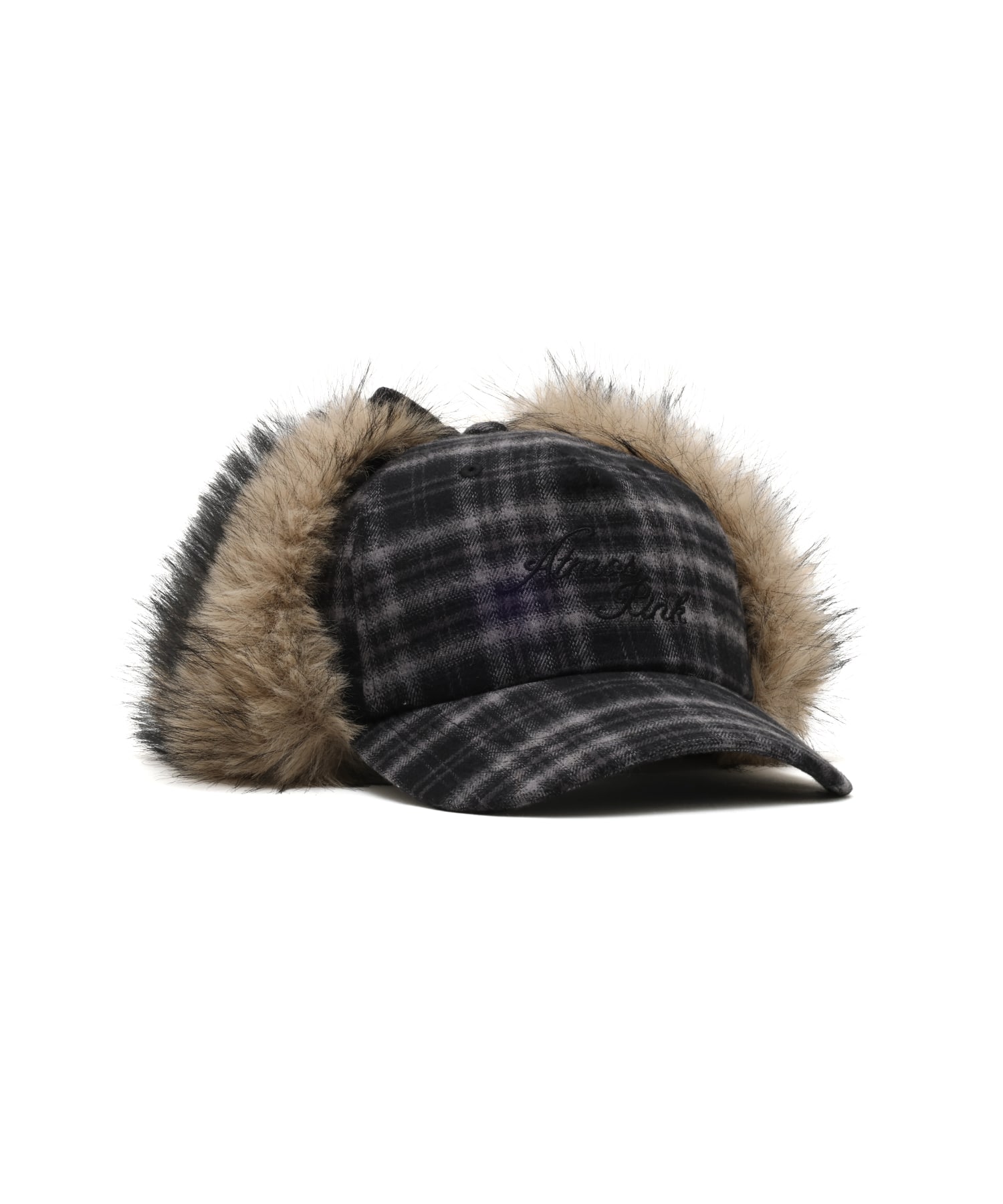 atmos pink Check Pattern Faux Fur Cap BLACKの画像