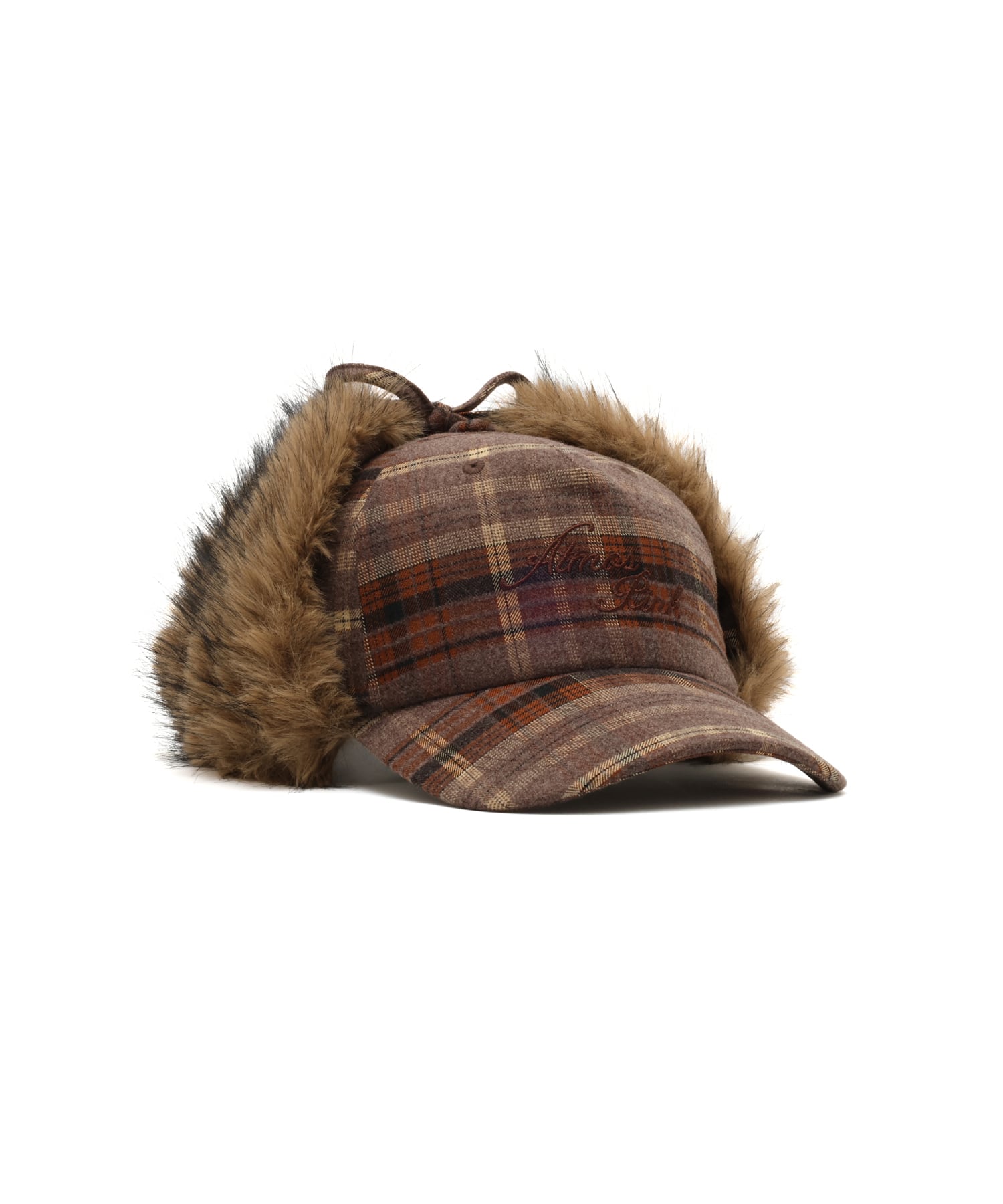 atmos pink Check Pattern Faux Fur Cap BROWNの画像
