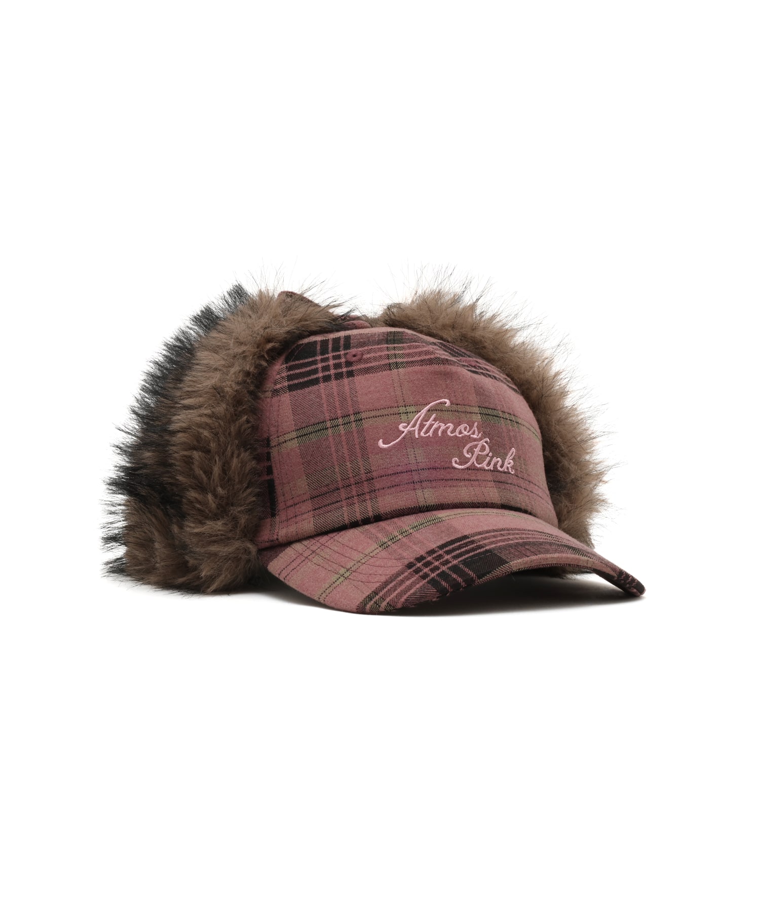 atmos pink Check Pattern Faux Fur Cap PINKの画像