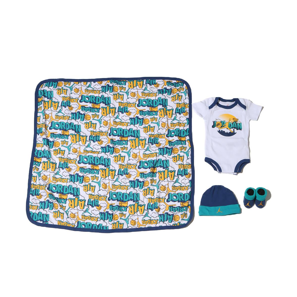 JORDAN BABY SET 4P HAT/BODYSUIT/BOOTIE/BLANKET 4P WHITE/BLUE 23SU-Iの画像
