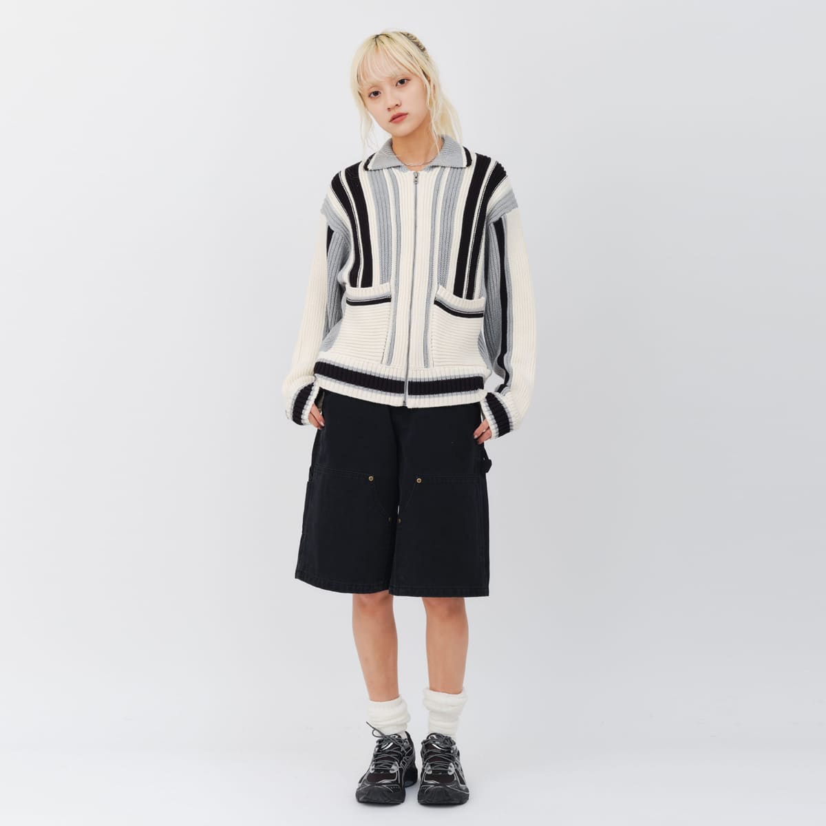 atmos pink Stripe Knit Cardigan GRAYの画像
