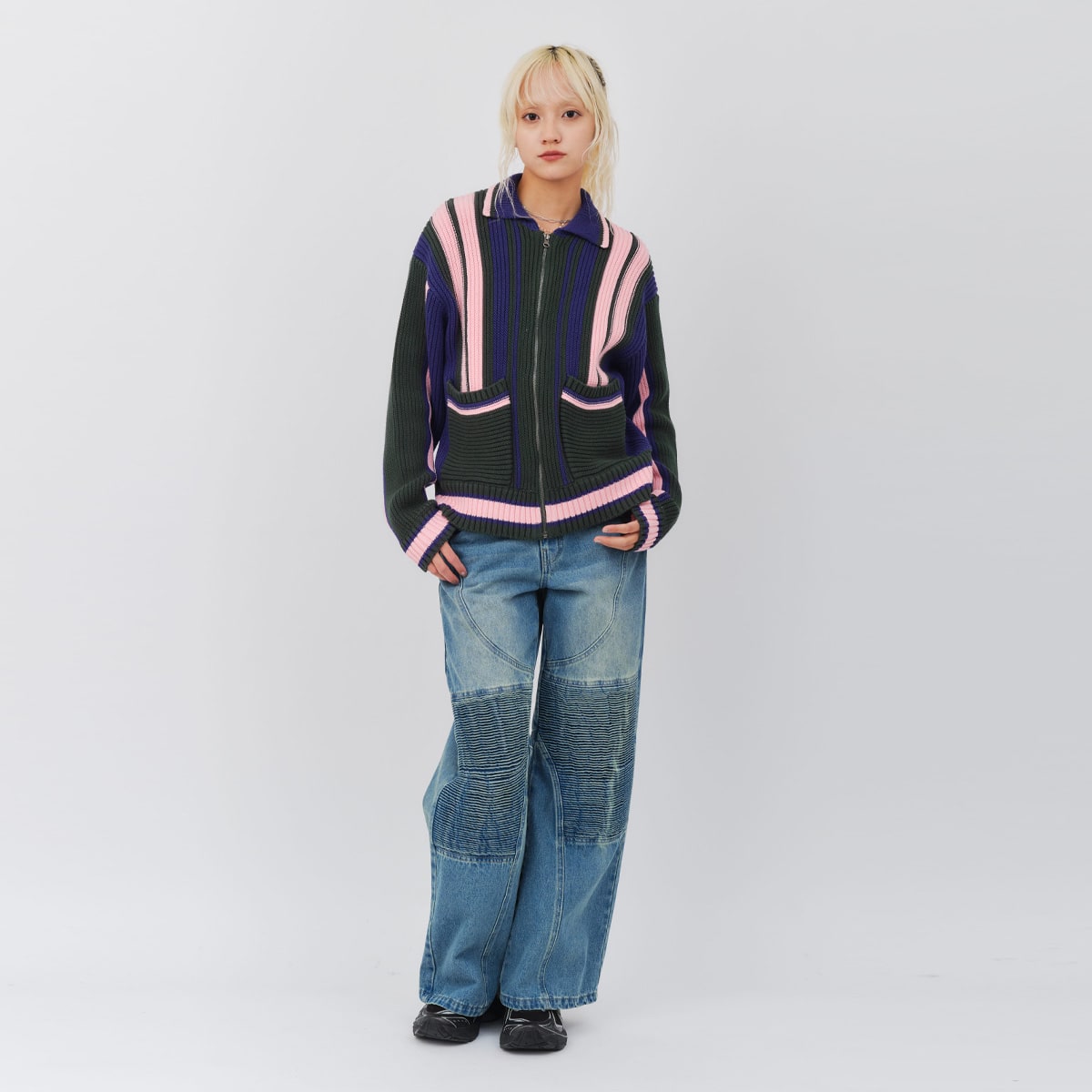 atmos pink Stripe Knit Cardigan NAVYの画像