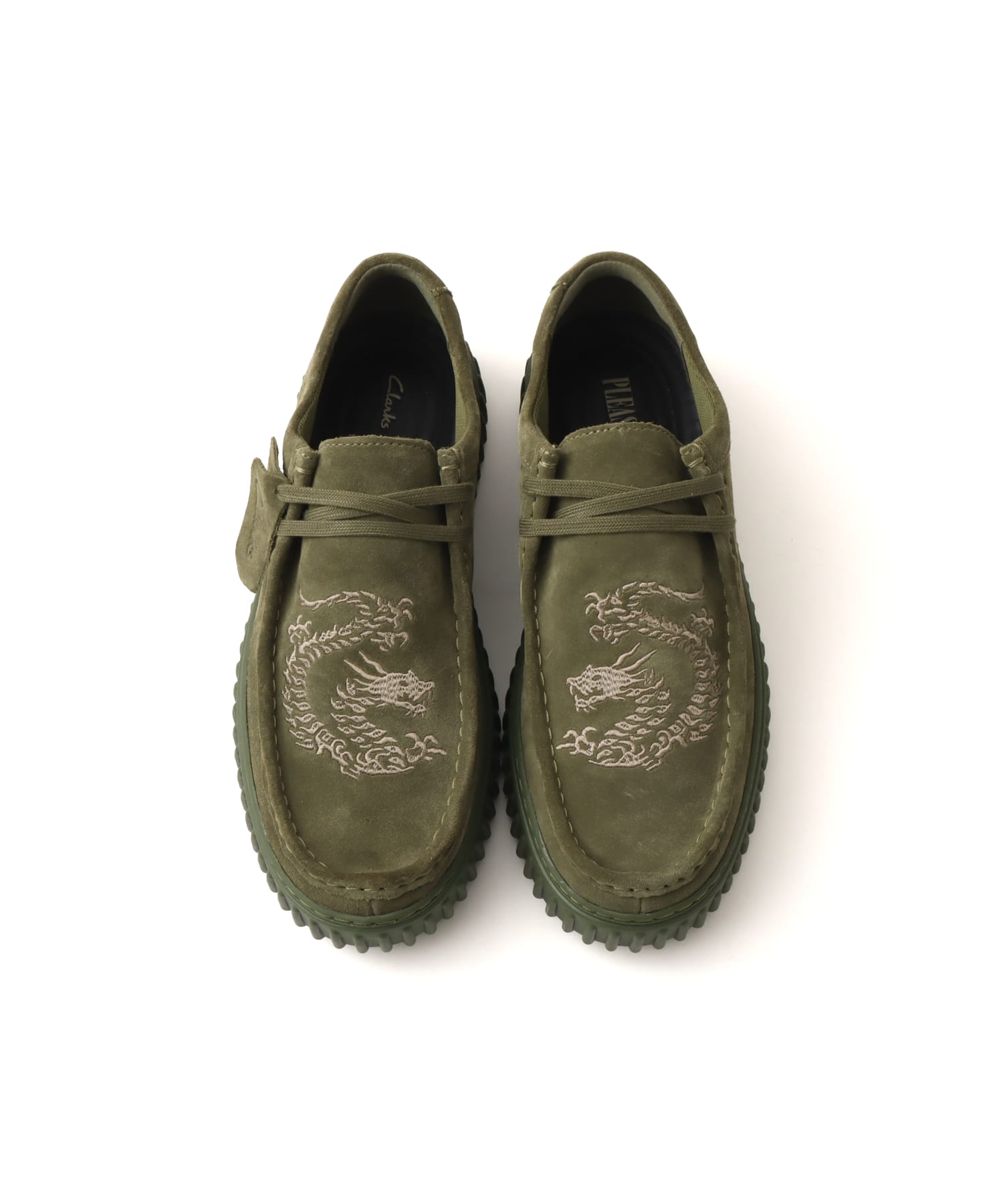 Clarks x PLEASURES TORHILL DRGN LO Olive Suedeの画像