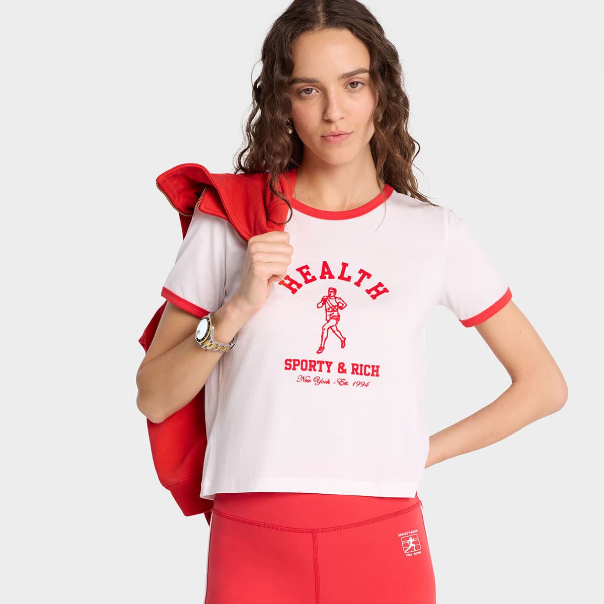 SPORTY＆RICH NY Running Club Ringer Tee White Sports Red の画像