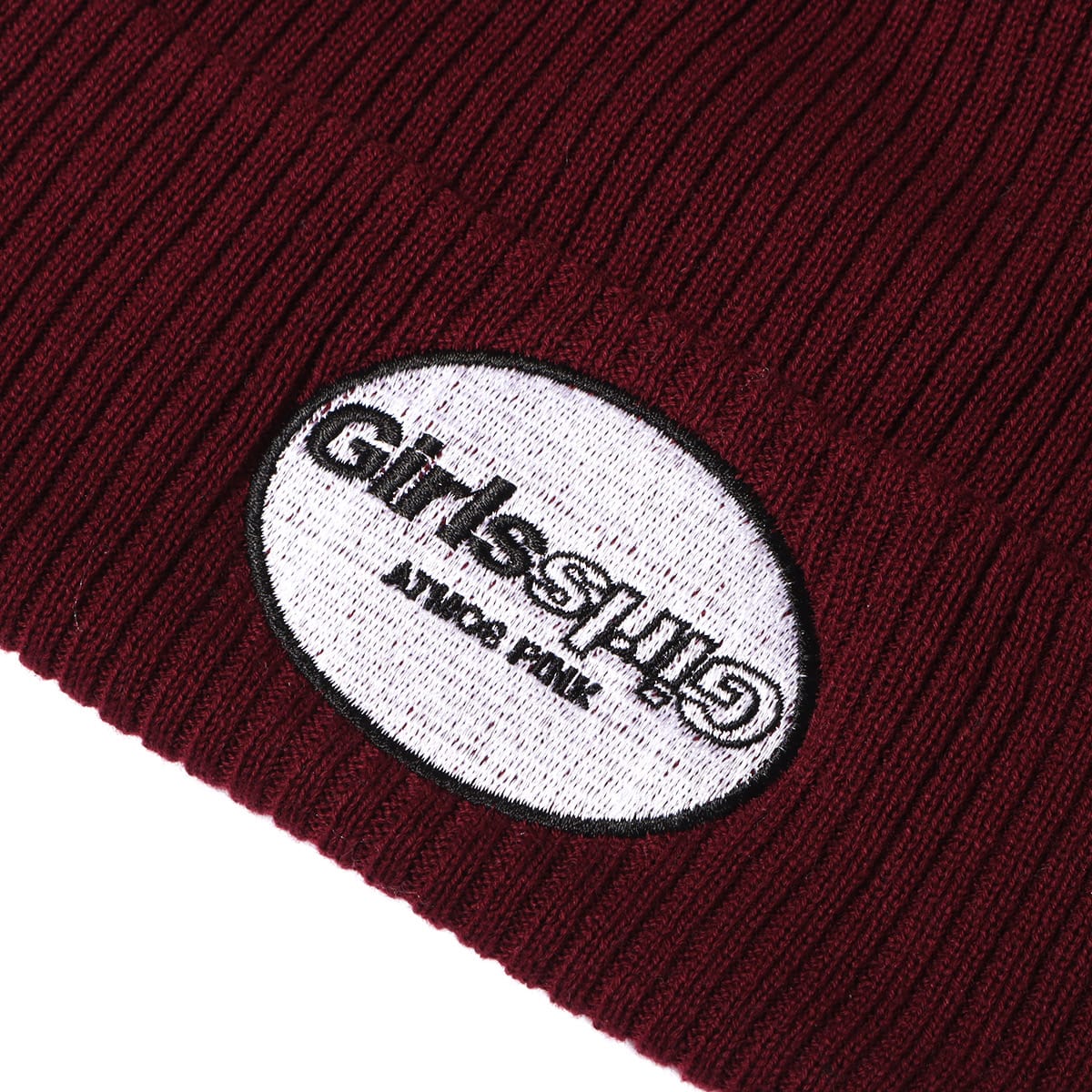 Girls2 × atmos pink ワッペンロゴニット帽 BURGUNDYの画像