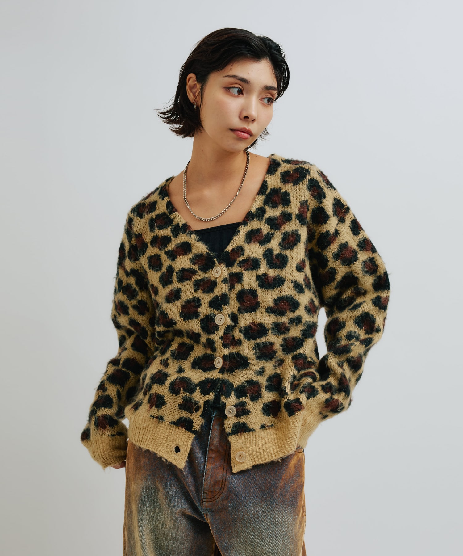 atmos pink Leopard Knit Cardigan BEIGEの画像