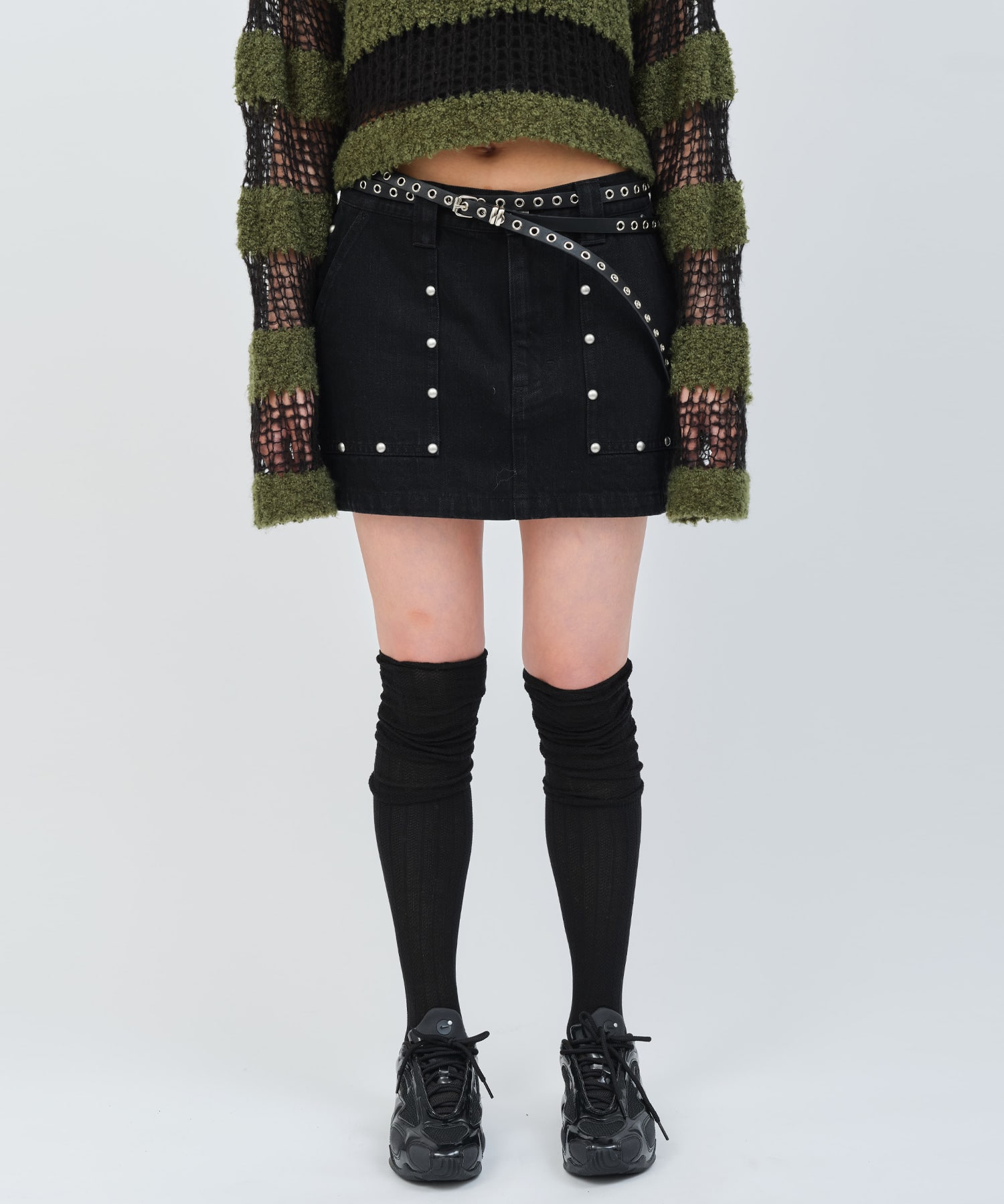 atmos pink Studs Denim Mini Skirt BLACKの画像