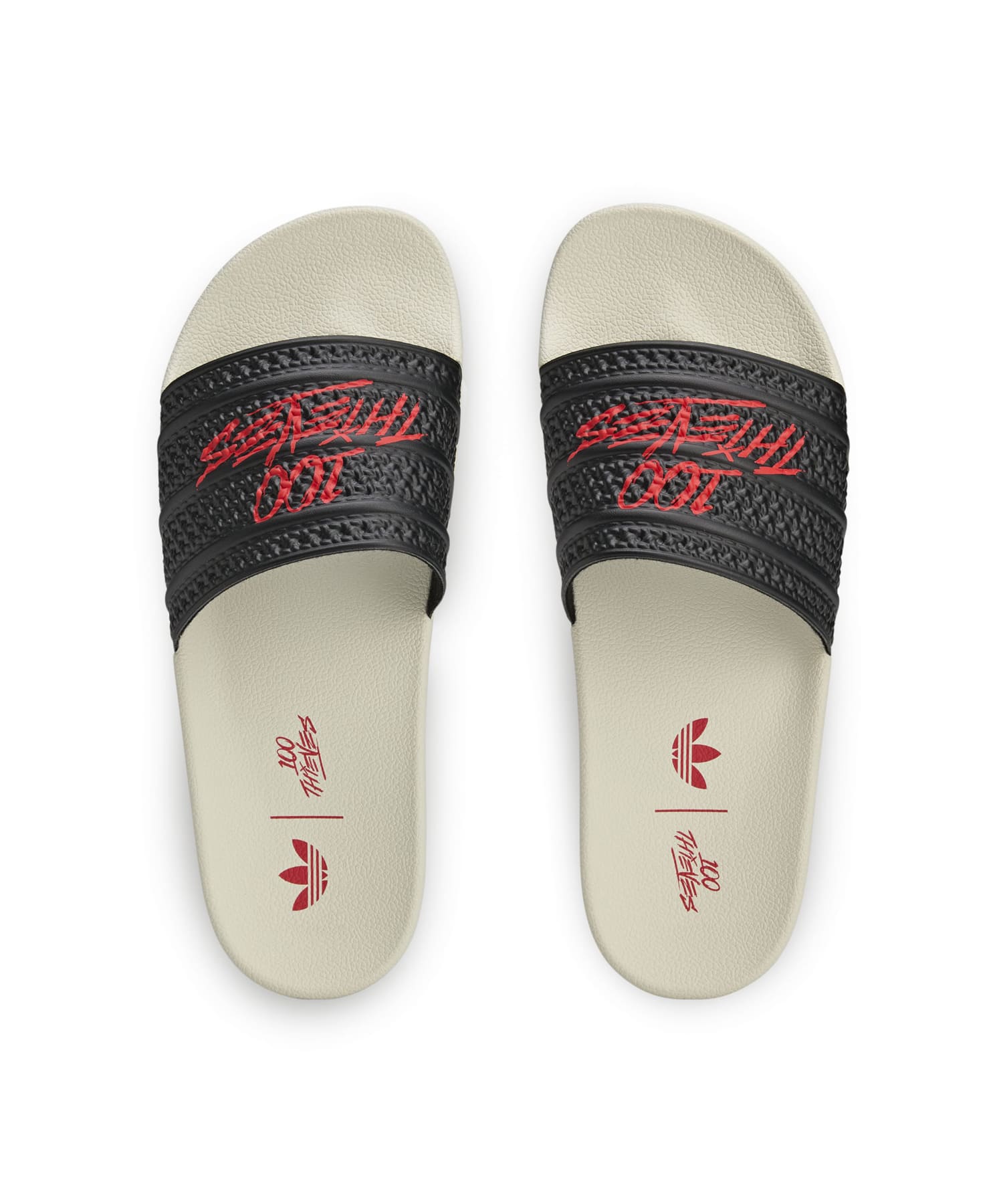 adidas 100 THIEVES ADILETTE CORE BLACK/CORE BLACK/REDの画像
