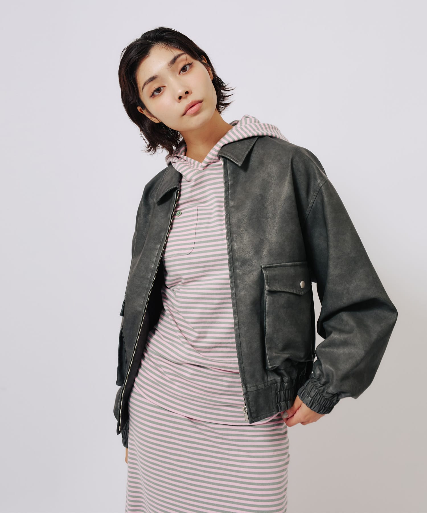 atmos pink Faux Leather Jacket BLACKの画像