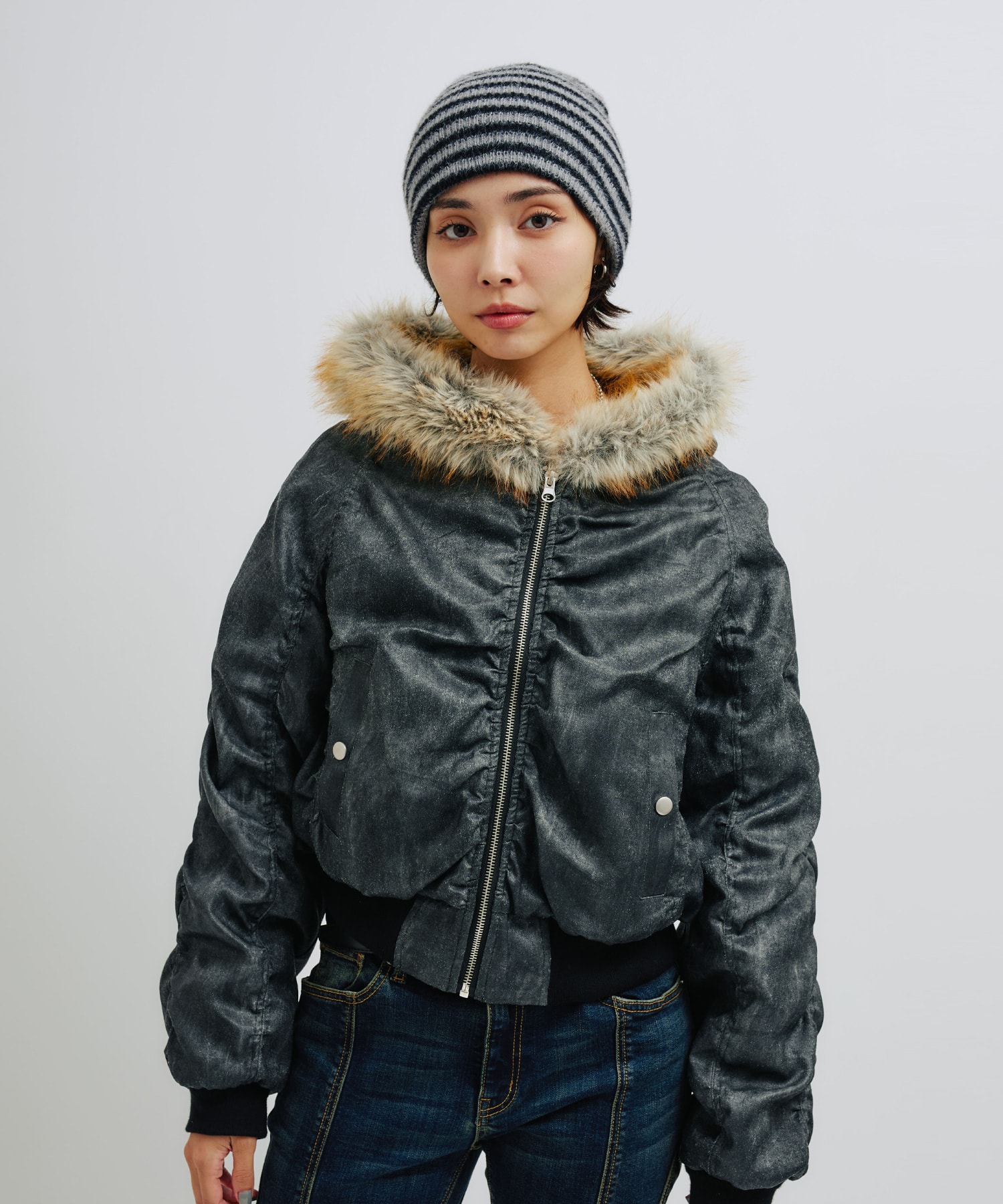 atmos pink Faux Fur Hooded Jacket BLACKの画像
