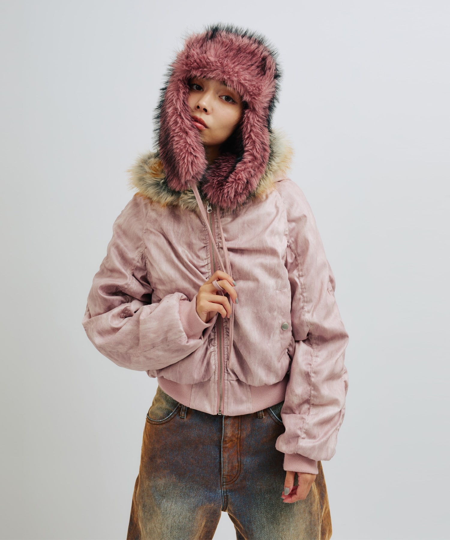 atmos pink Faux Fur Hooded Jacket PINKの画像