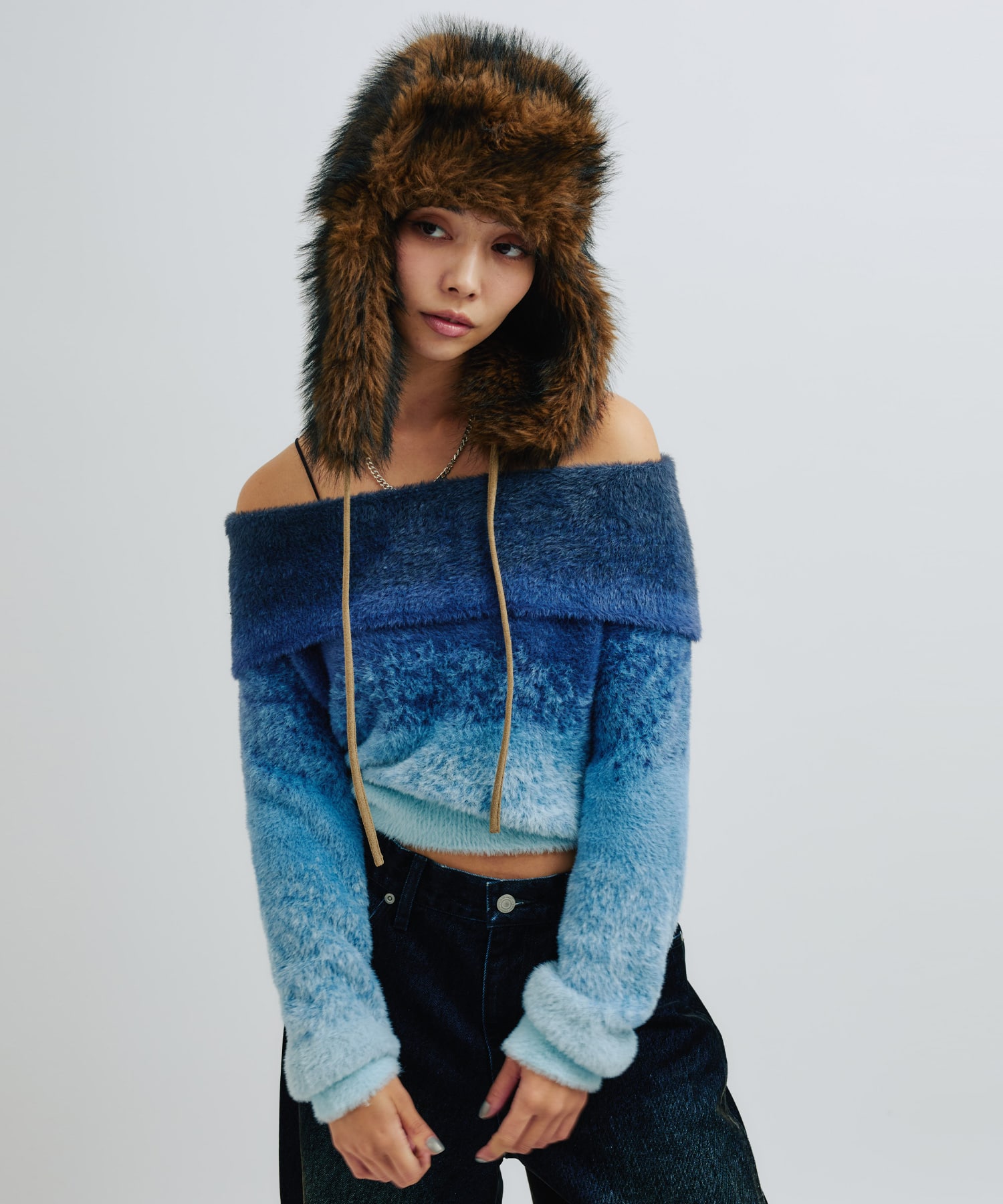 atmos pink Off Shoulder Knit Tops BLUEの画像