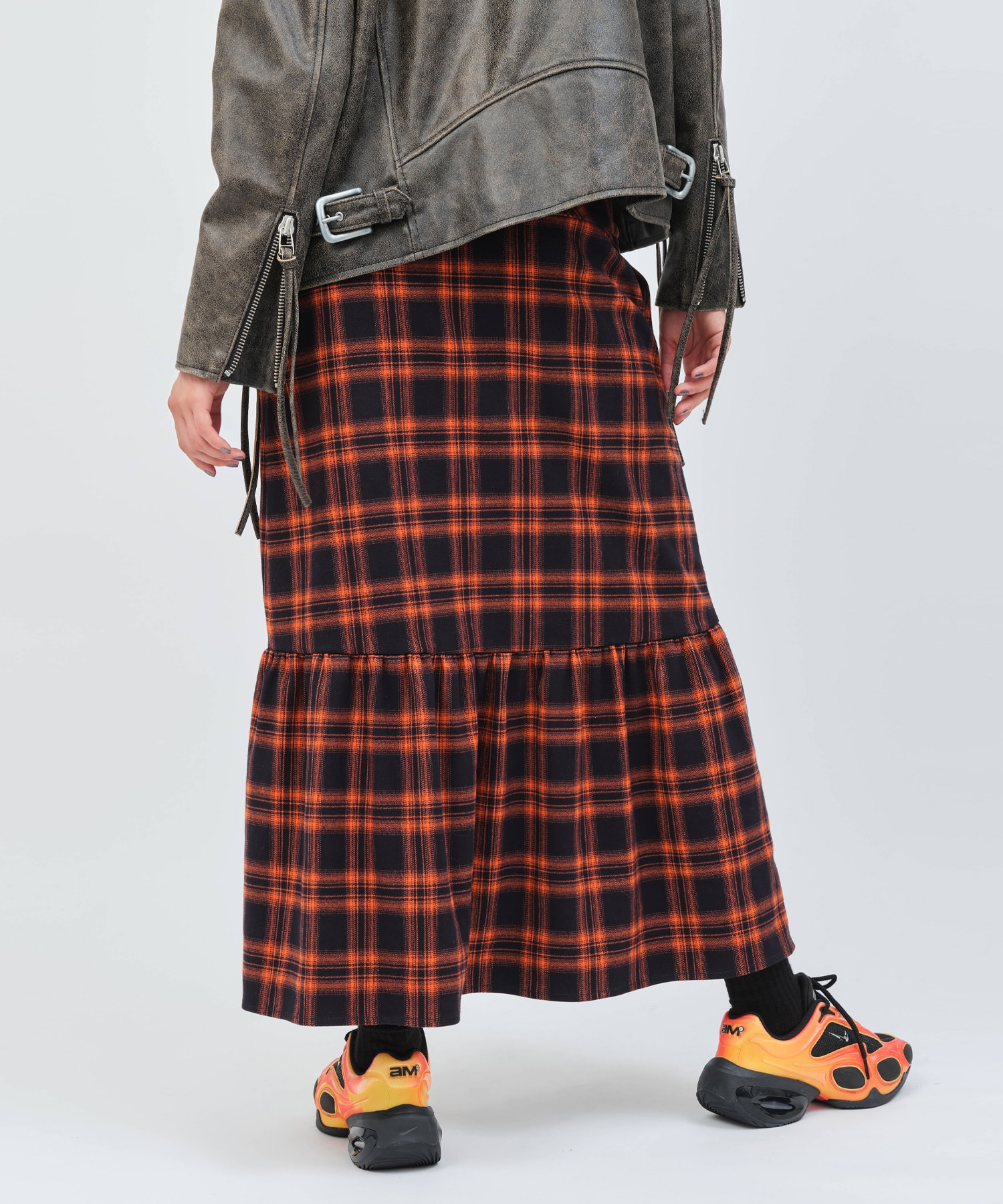 atmos pink Plaid Tiered Skirt ORANGEの画像