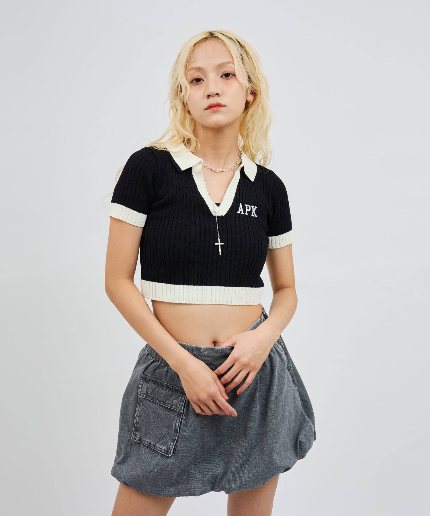 atmos pink Cheer Rib Knit Polo Shirt BLACKの画像