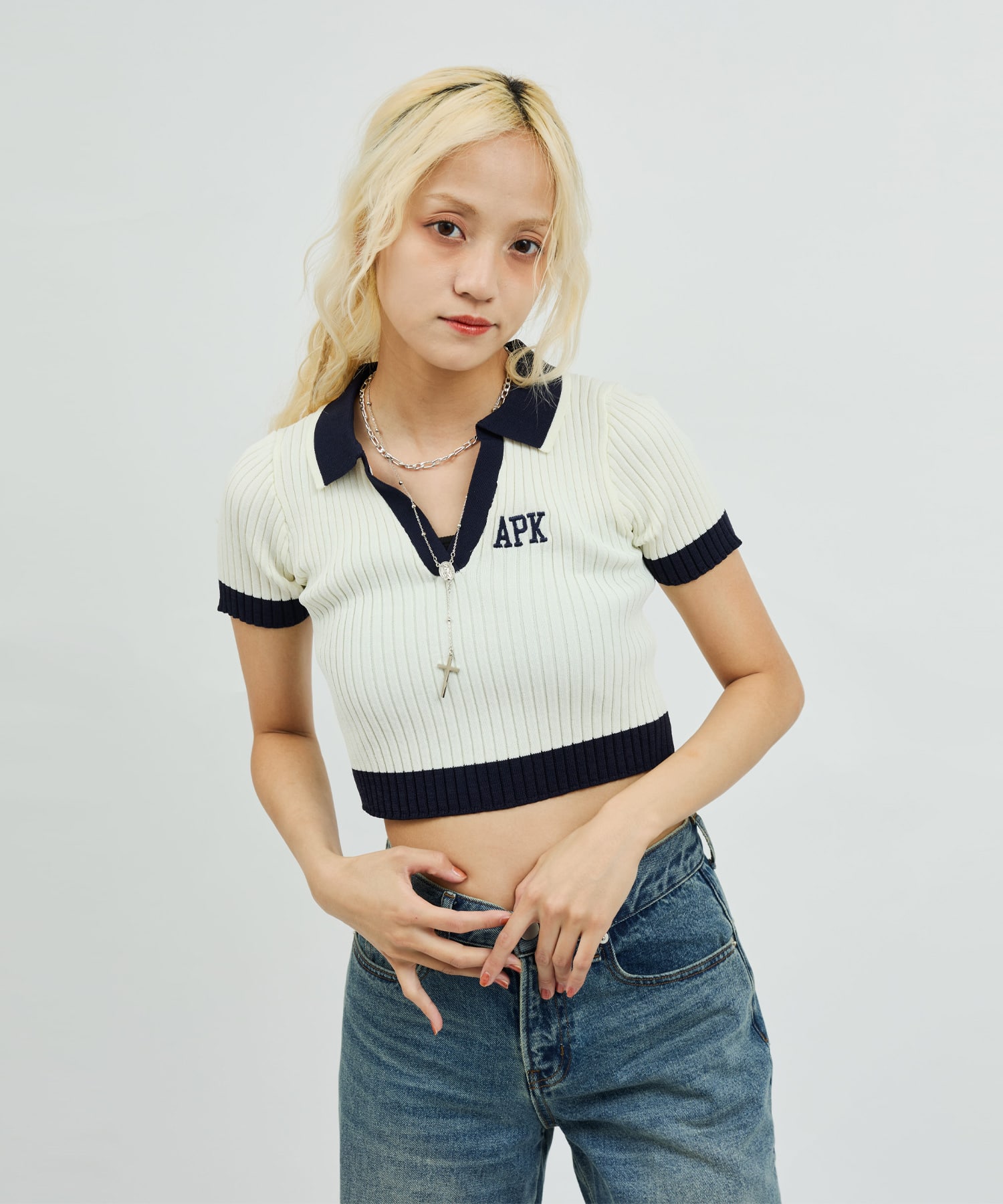 atmos pink Cheer Rib Knit Polo Shirt WHITEの画像