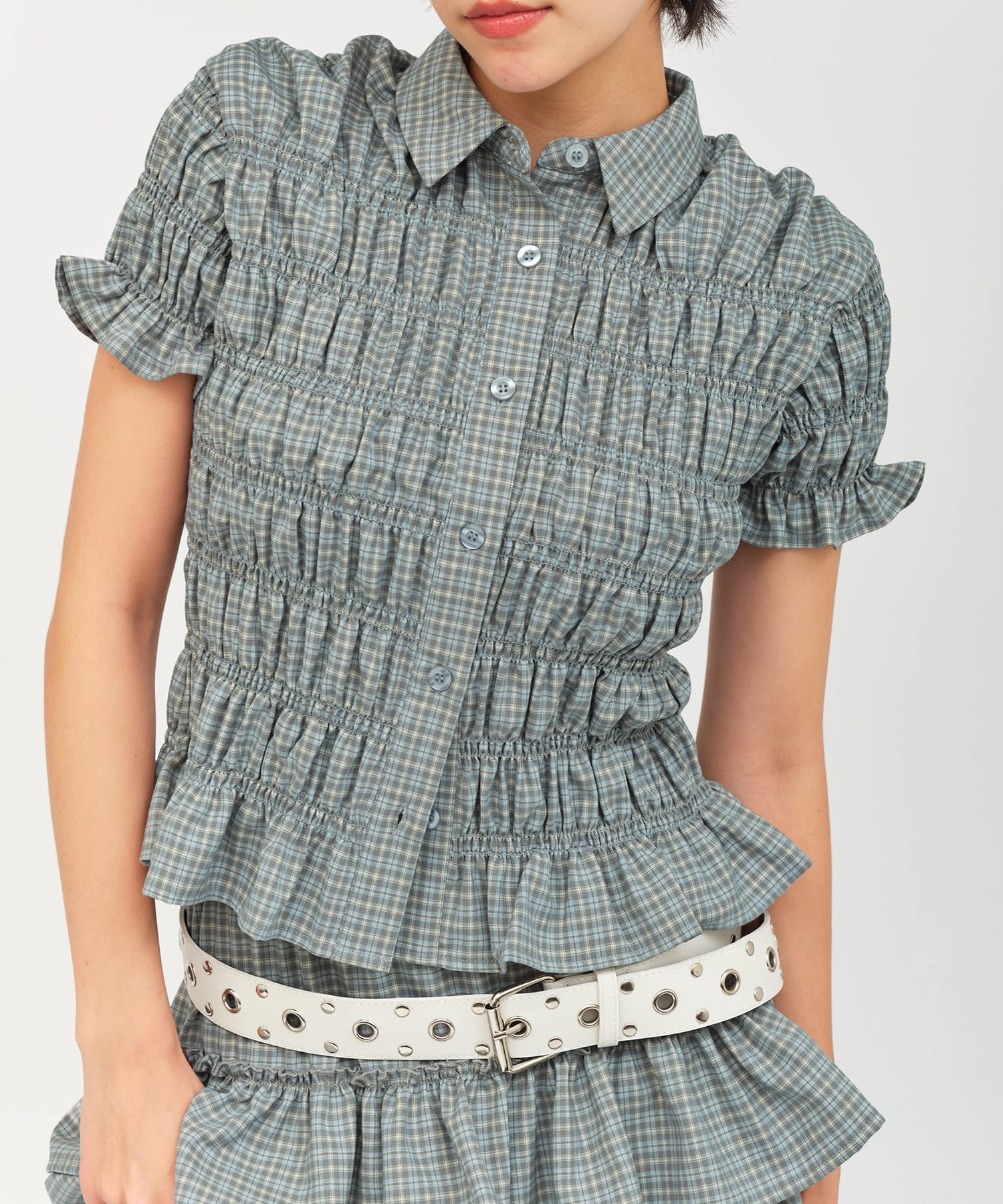 atmos pink Plaid Shirring Shirt MINTの画像