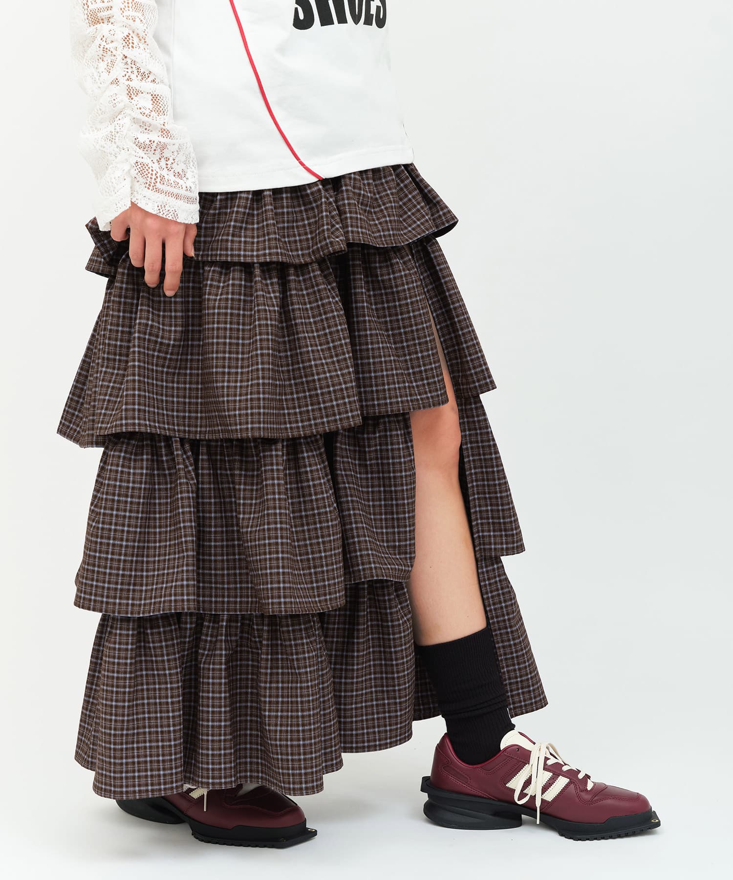atmos pink Plaid Tiered Skirt BROWNの画像
