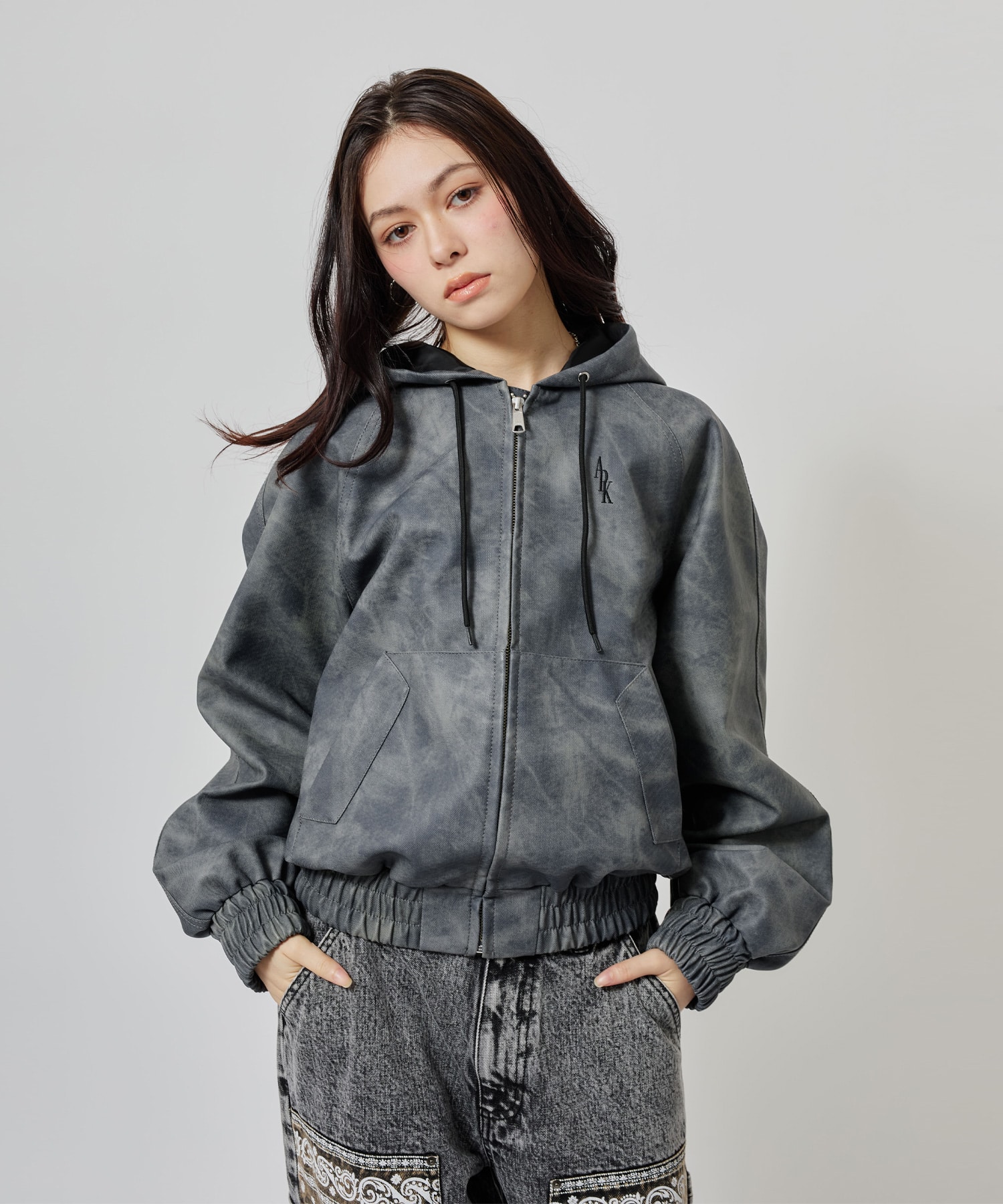 atmos pink Faux Leather Hoodie Jacket CHARCOALの画像