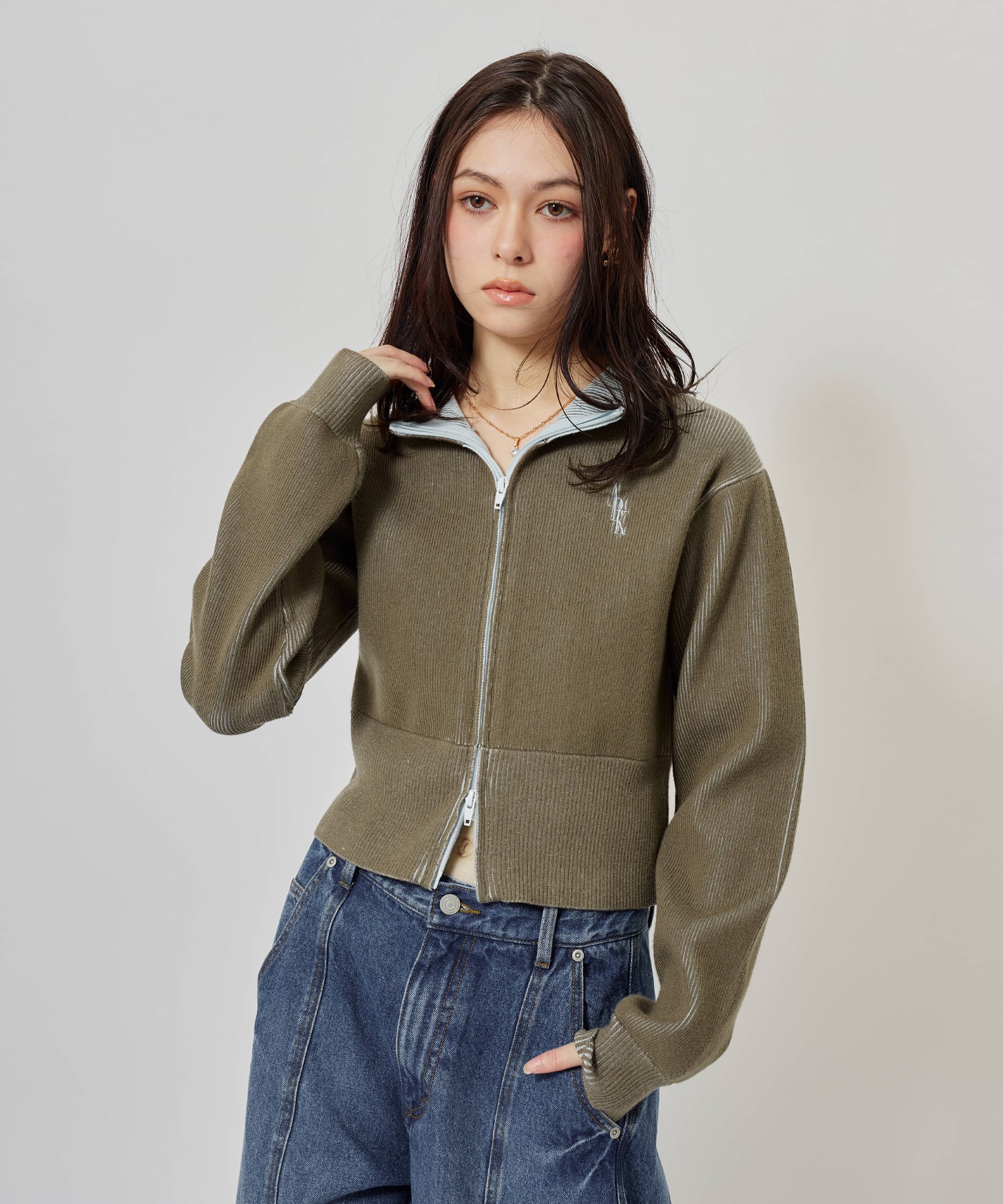 atmos pink Rib Knit Zip-up Top KHAKIの画像