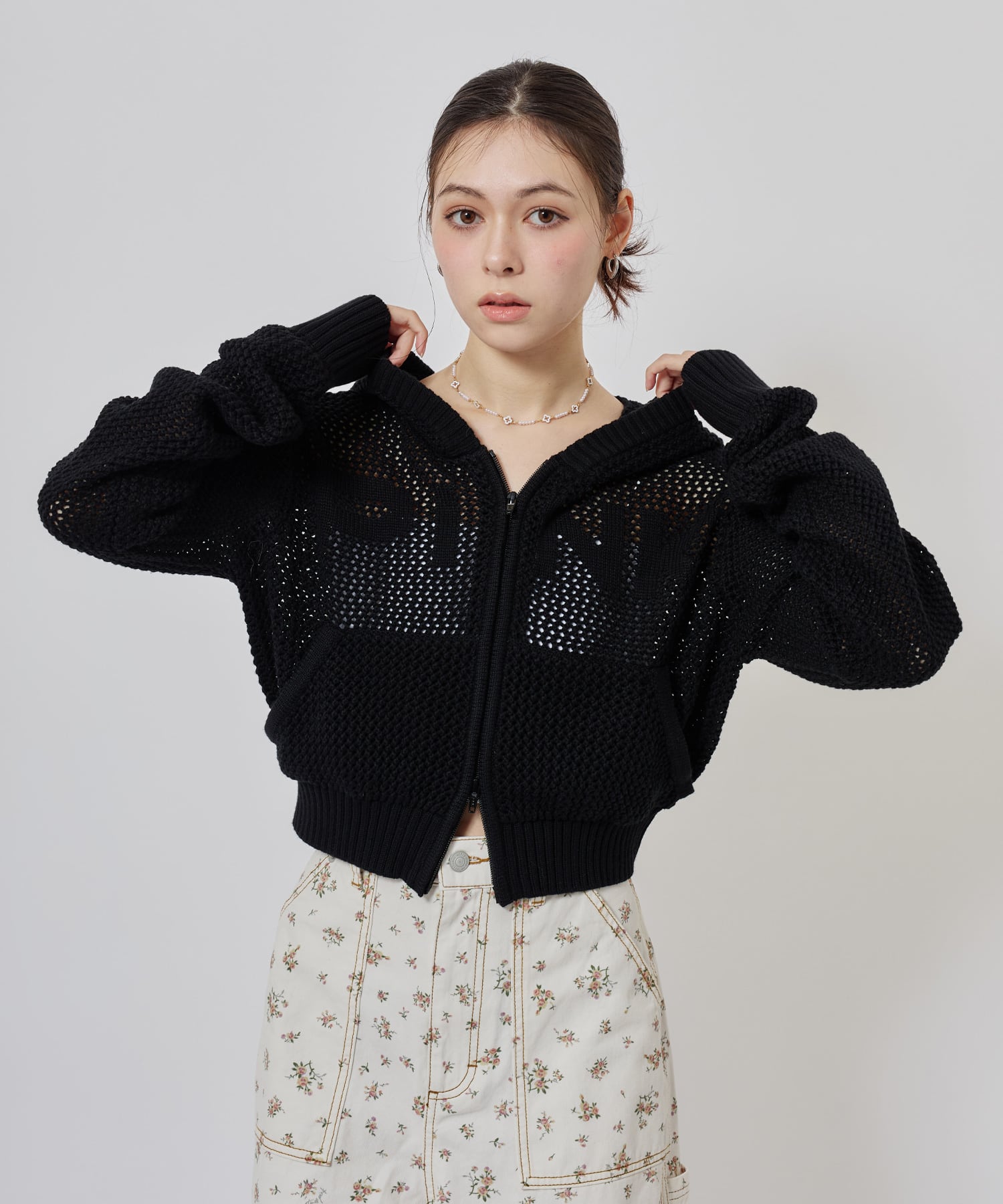 atmos pink Pointelle Knit Zip-up Hoodie BLACKの画像