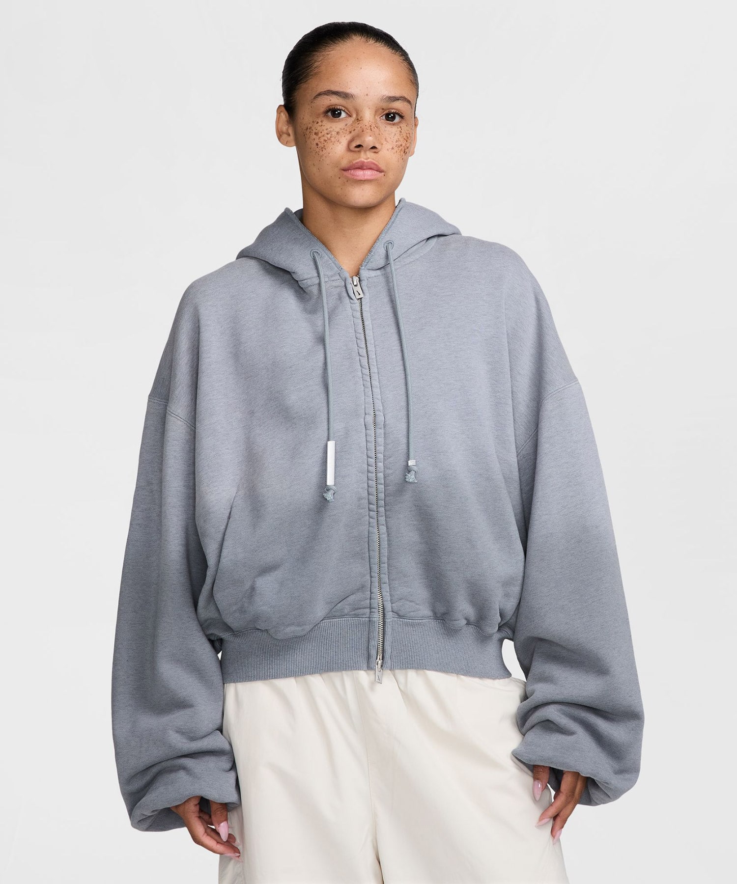 NIKE W NRG NK STUDIO FLEECE HOODIE GRAYの画像