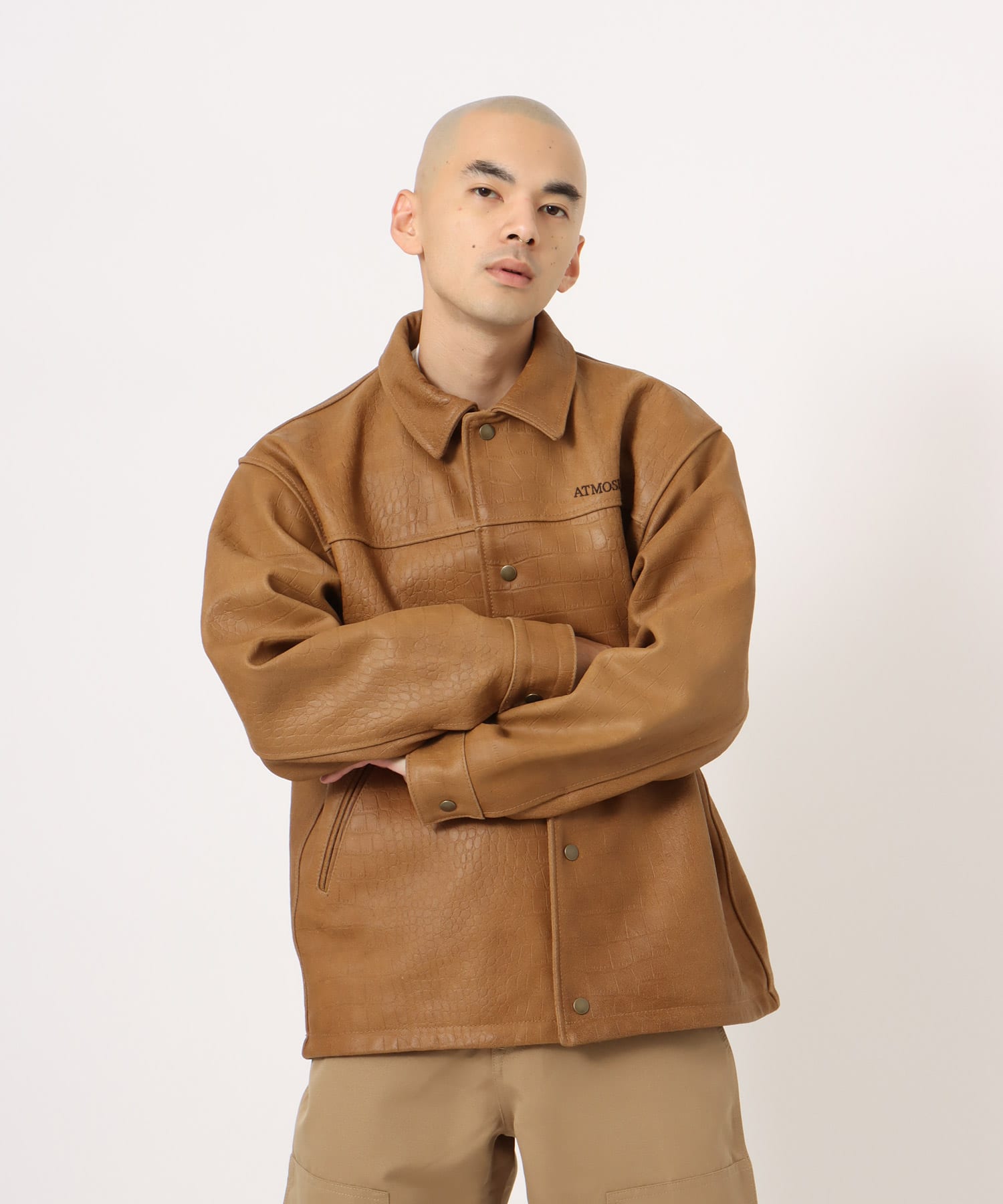 atmos Cow Leather Python Embossed Coach Jacket CAMELの画像