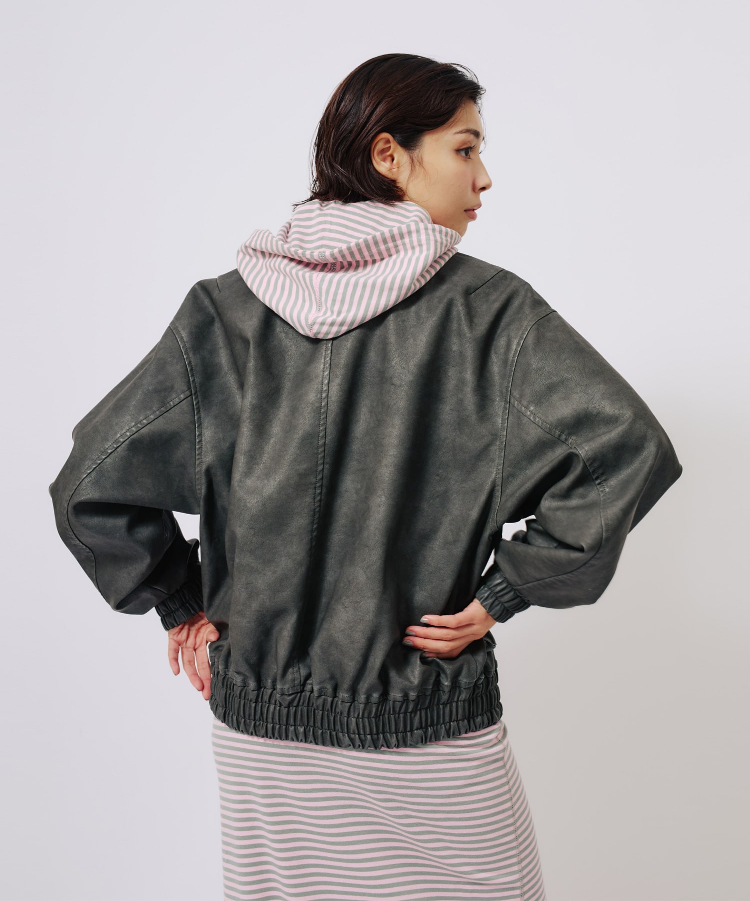 atmos pink Faux Leather Jacket BLACKの画像