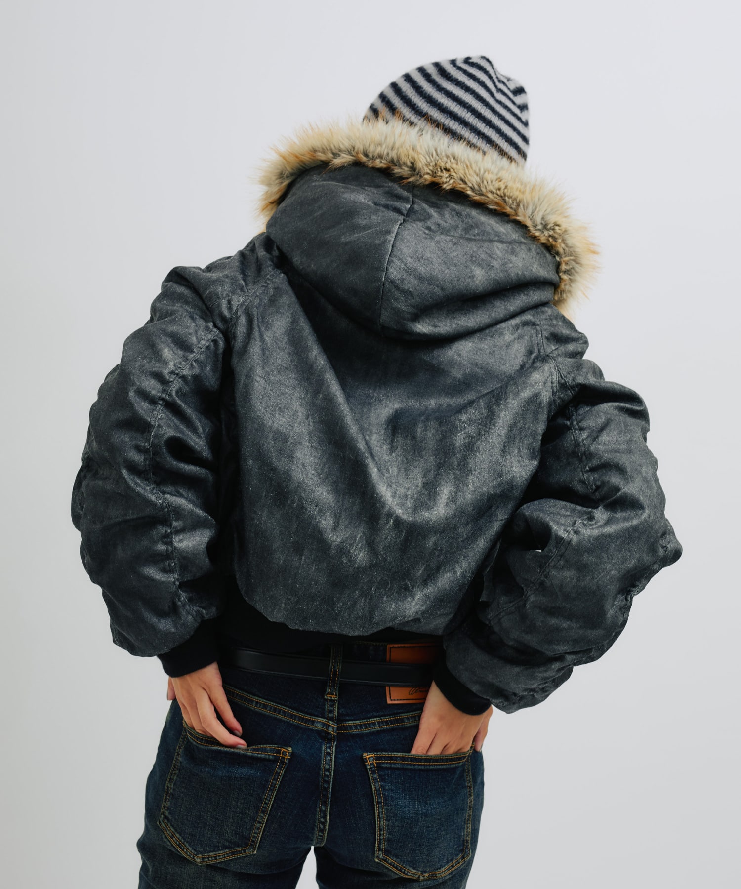 atmos pink Faux Fur Hooded Jacket BLACKの画像