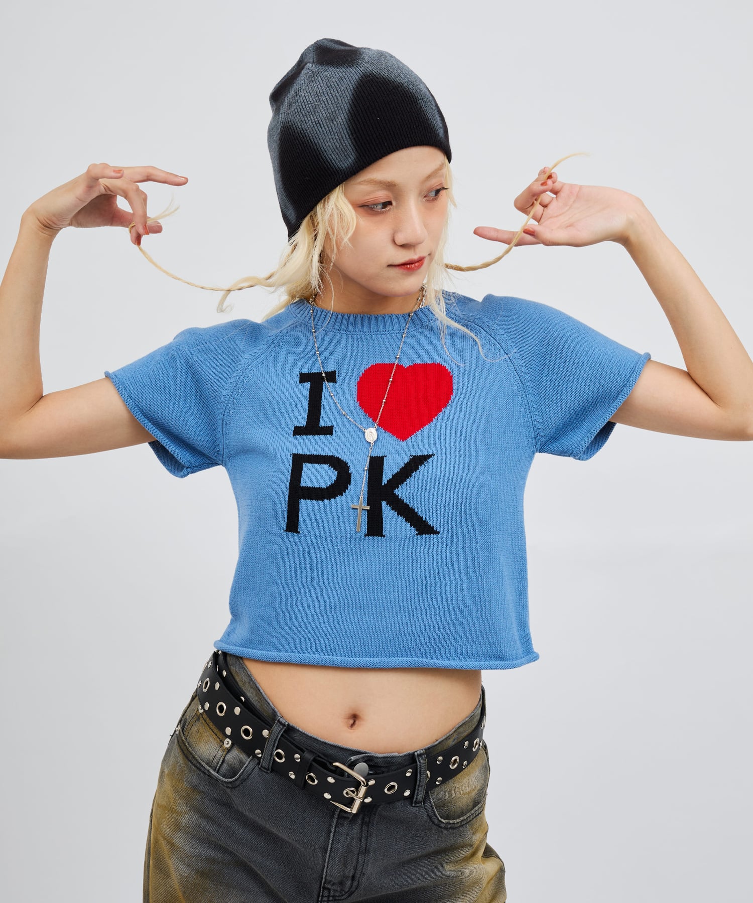 atmos pink I Love Pink Knit Top BLUEの画像