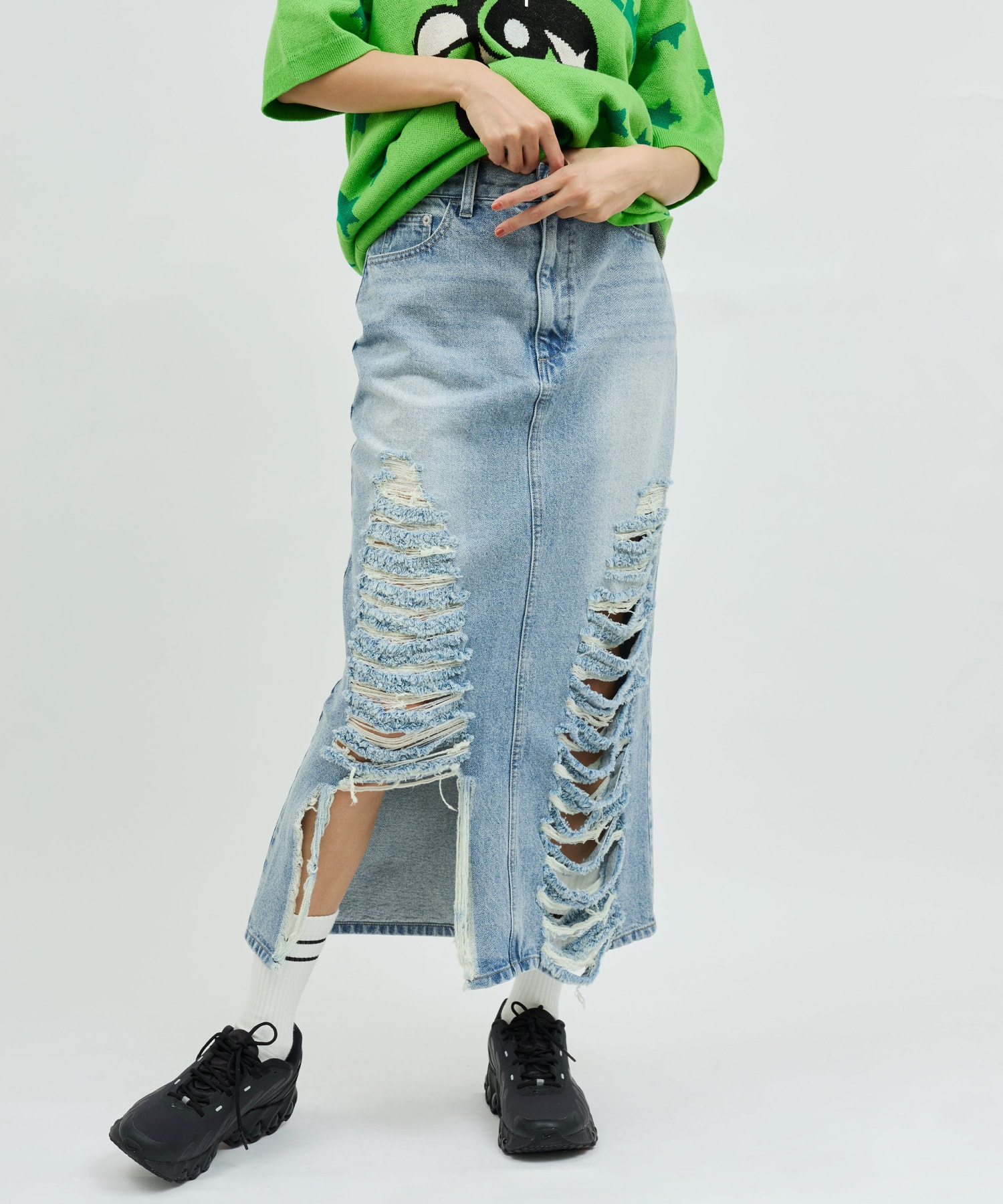 atmos pink Damaged Long Skirt BLUEの画像