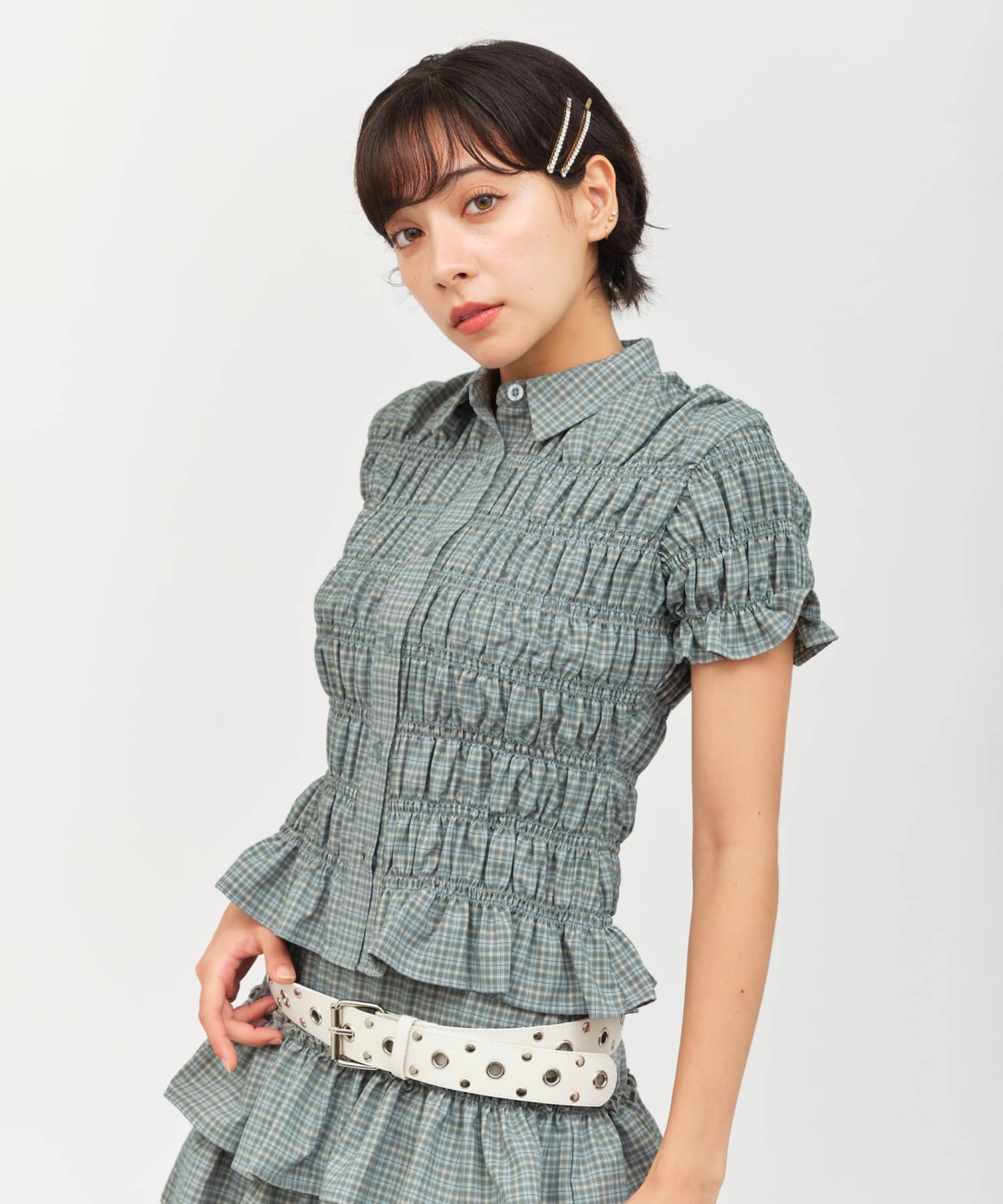 atmos pink Plaid Shirring Shirt MINTの画像