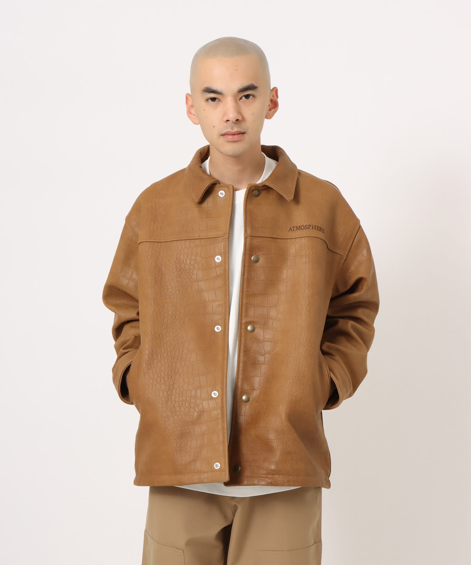 atmos Cow Leather Python Embossed Coach Jacket CAMELの画像