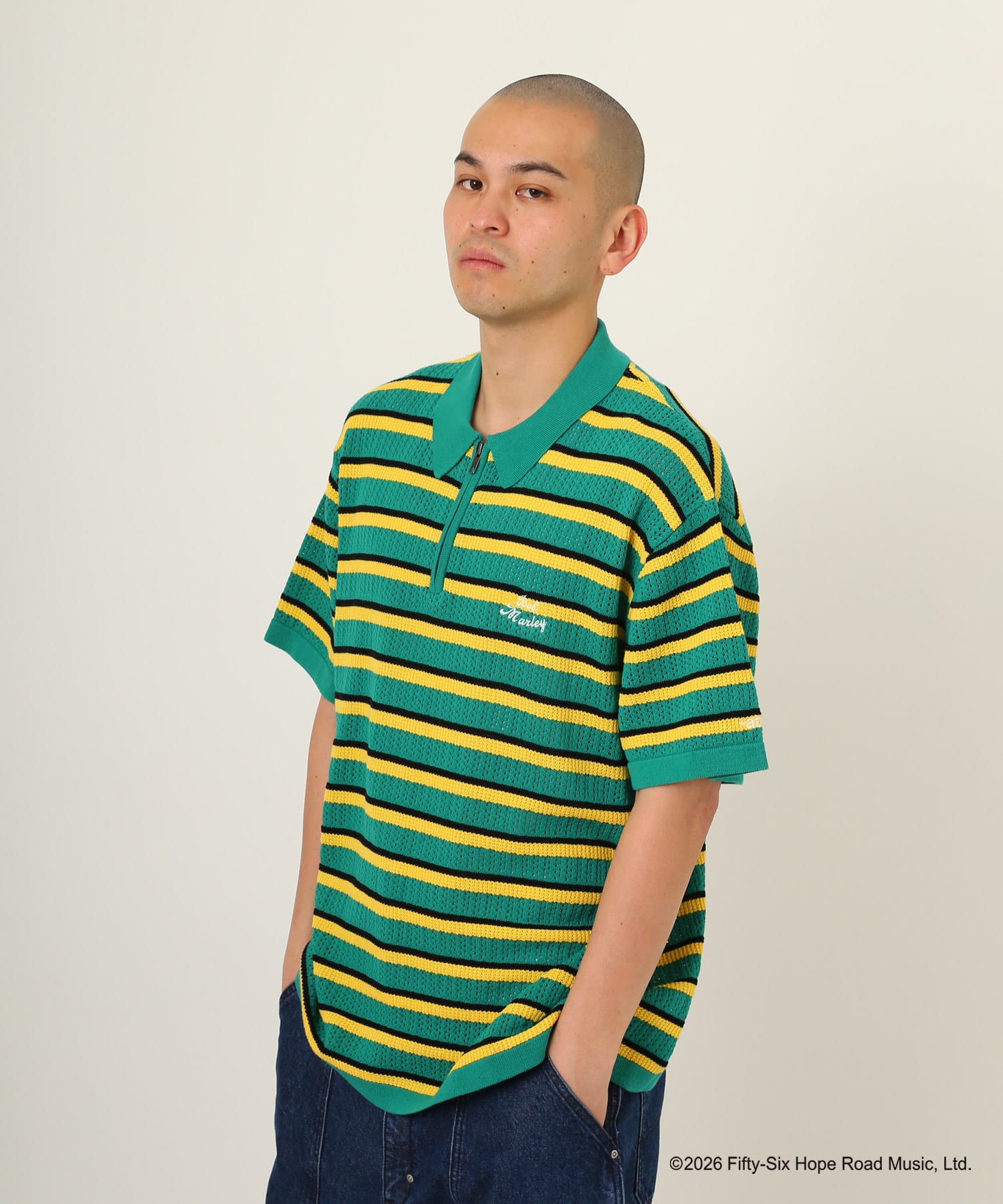 atmos x BOB MARLEY Jacquard Border Knit Polo GREENの画像