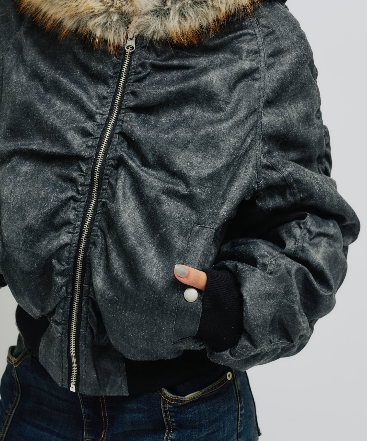 atmos pink Faux Fur Hooded Jacket BLACKの画像