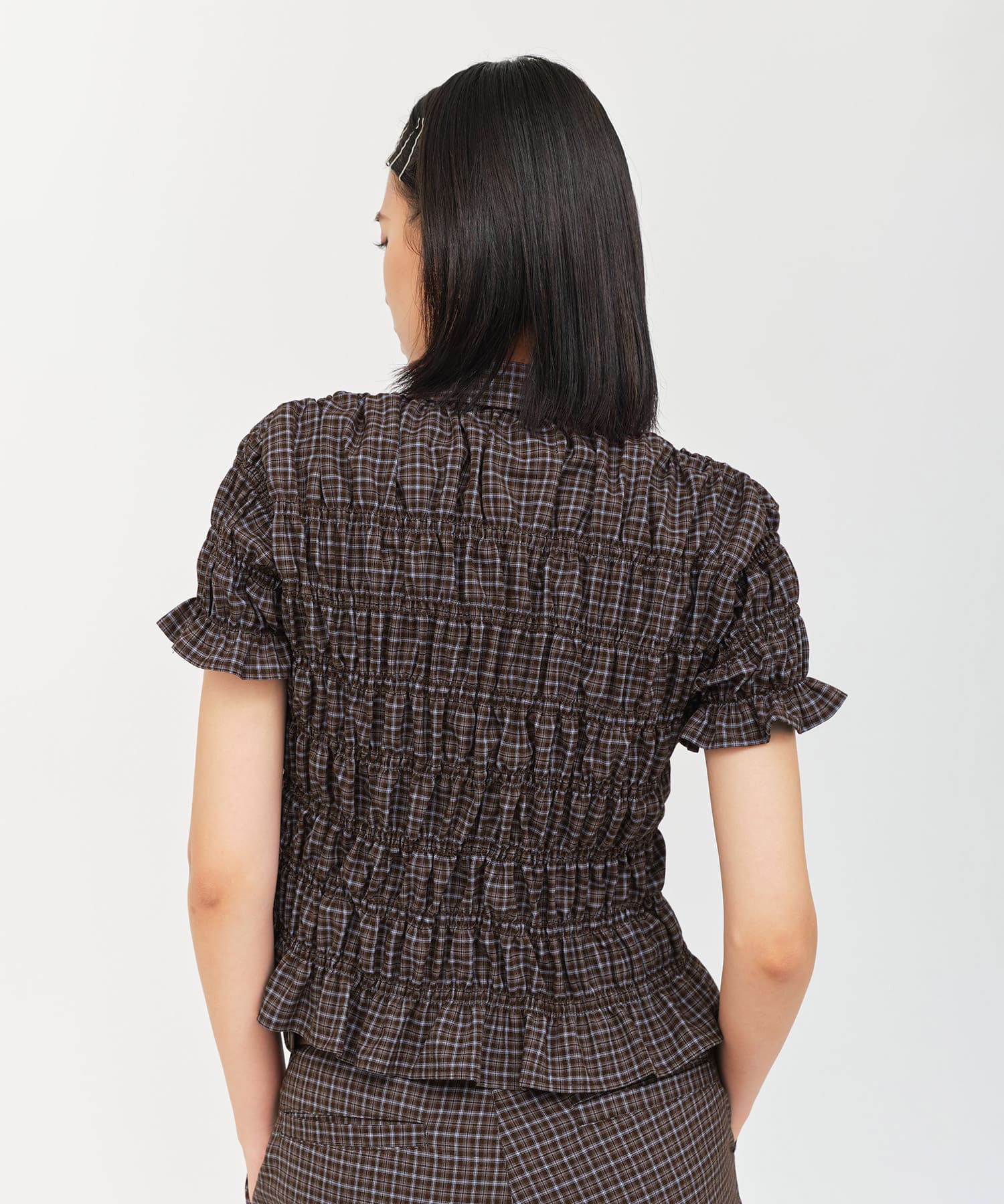 atmos pink Plaid Shirring Shirt BROWNの画像