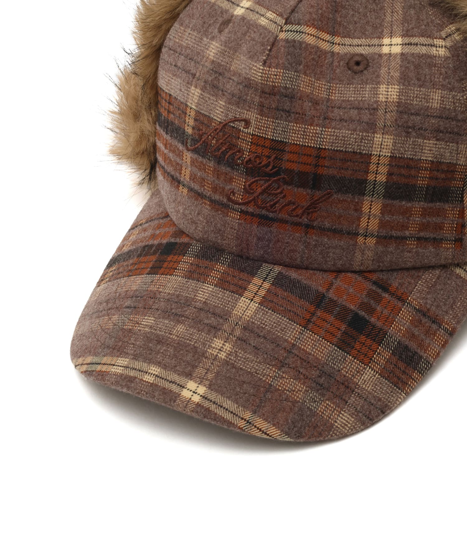 atmos pink Check Pattern Faux Fur Cap BROWNの画像
