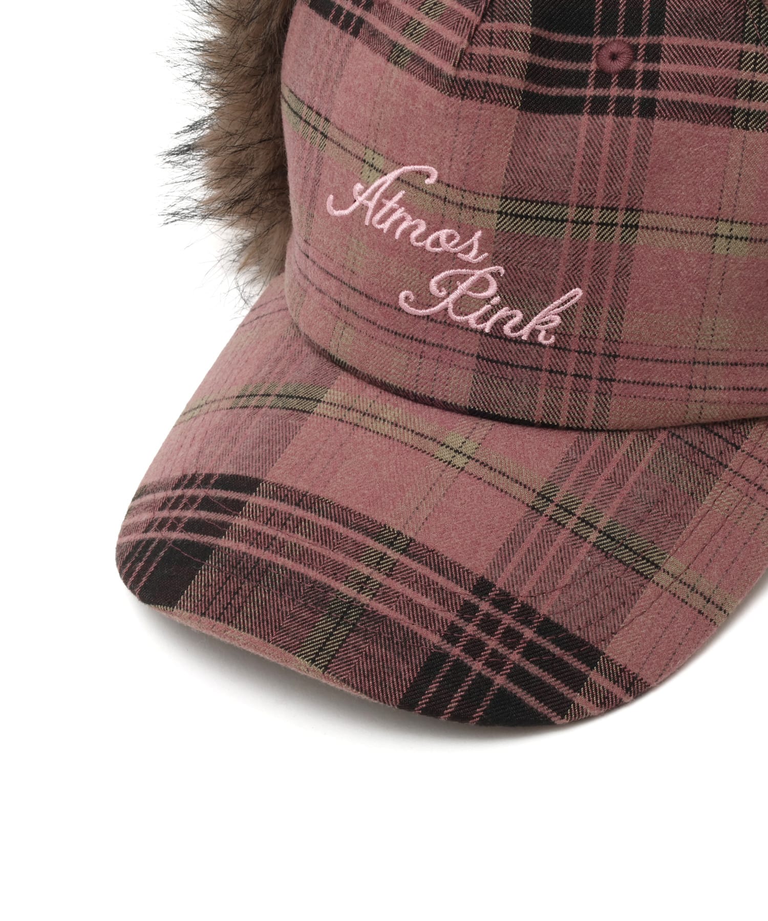 atmos pink Check Pattern Faux Fur Cap PINKの画像