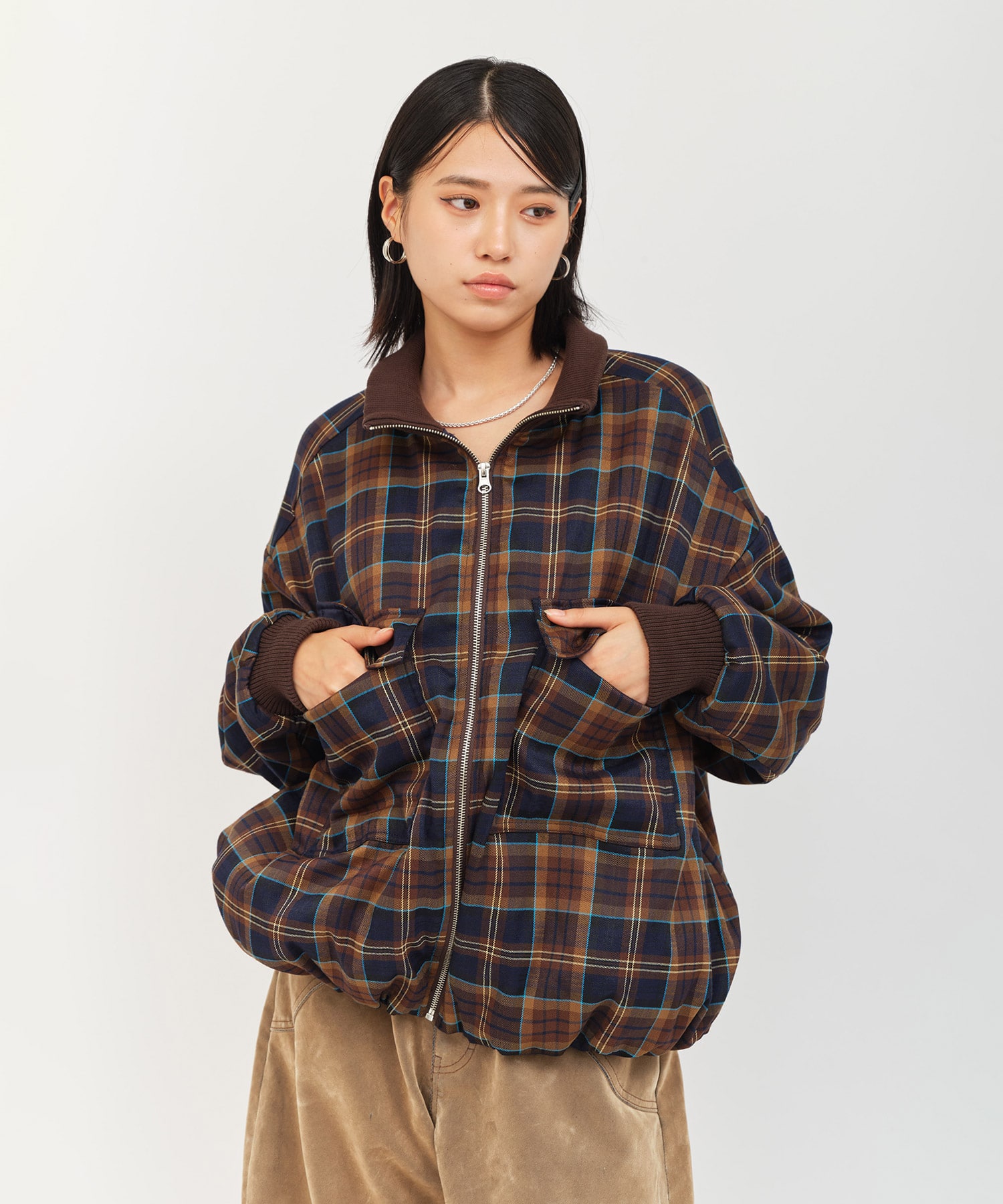 atmos pink Plaid Jacket BROWNの画像
